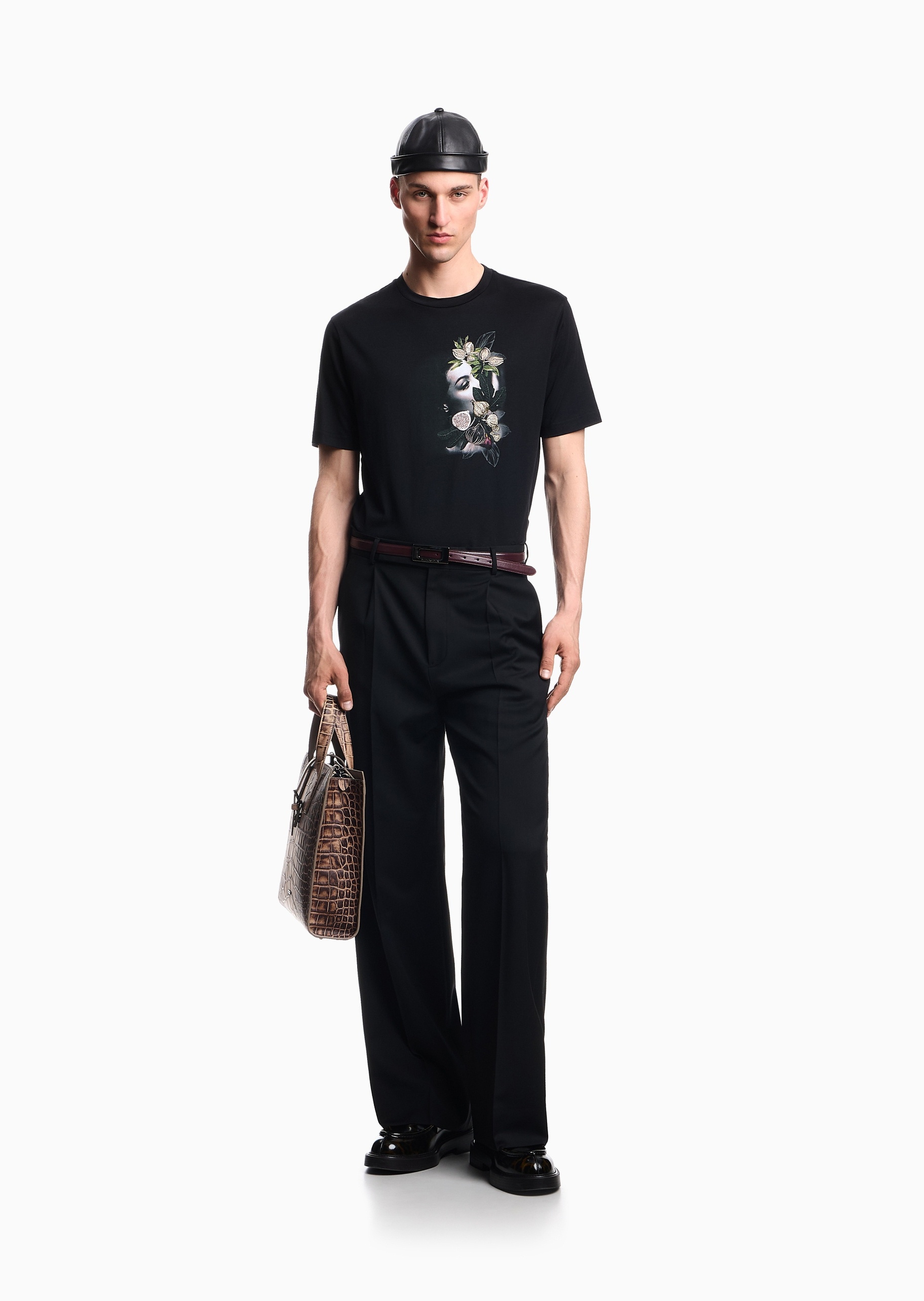 Emporio Armani 男士全棉合身短袖圆领植物刺绣印花T恤衫