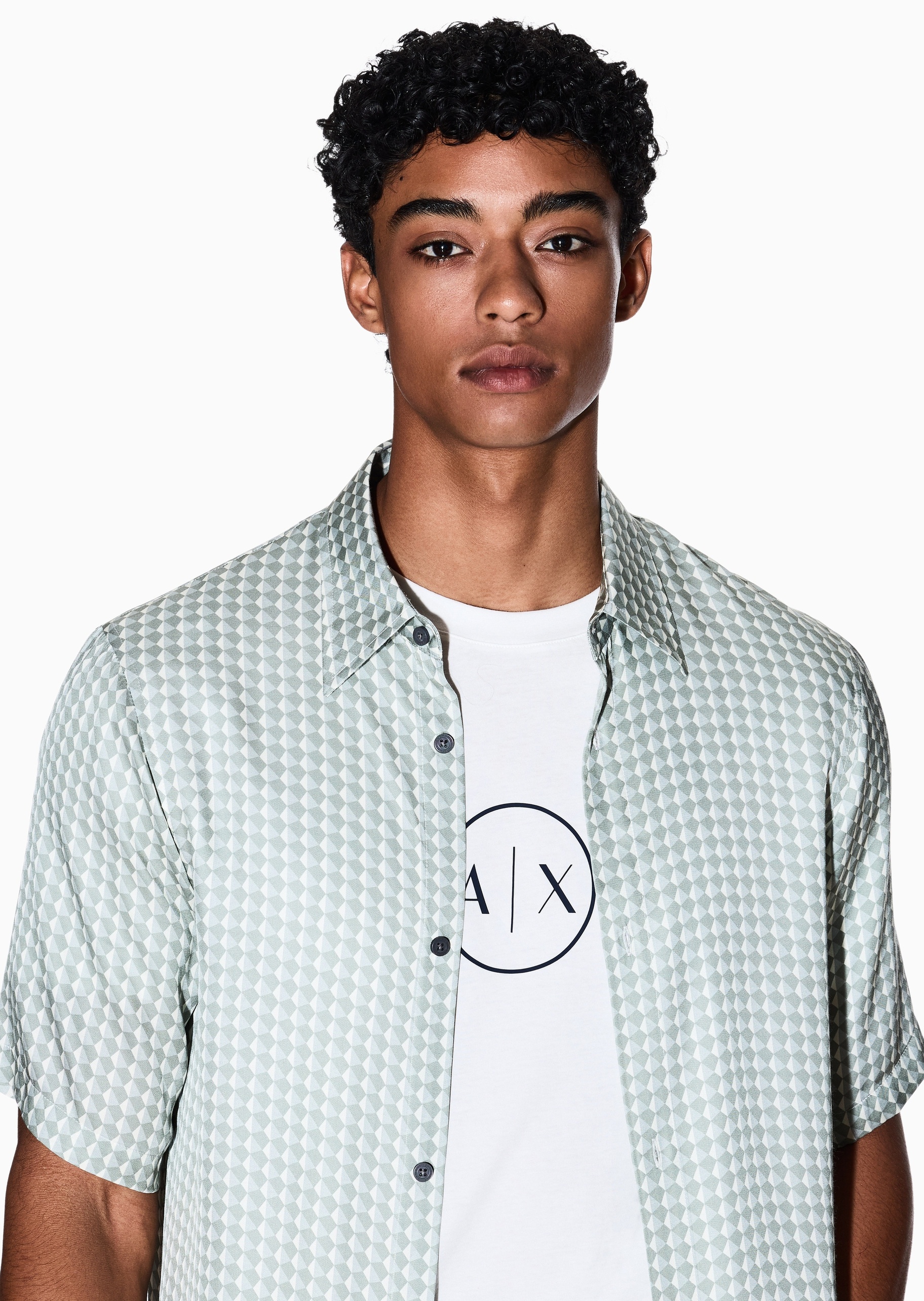 ARMANI EXCHANGE 男士人造棉短袖翻领提花休闲衬衫