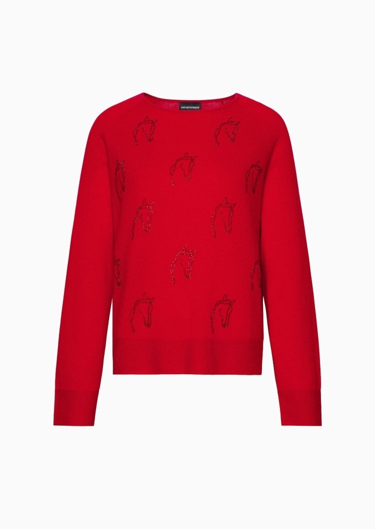 Emporio Armani 马年限定女士绵羊毛长袖圆领水钻毛衣