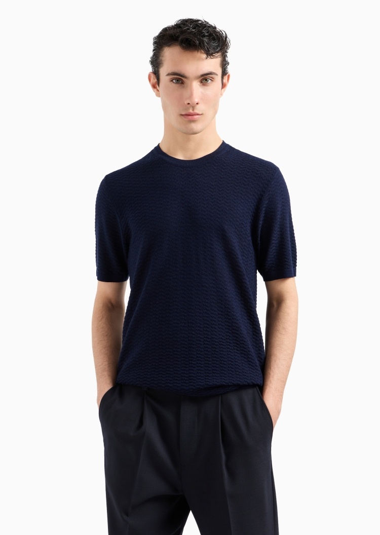 Emporio Armani 男士合身短袖圆领通体纹理针织T恤