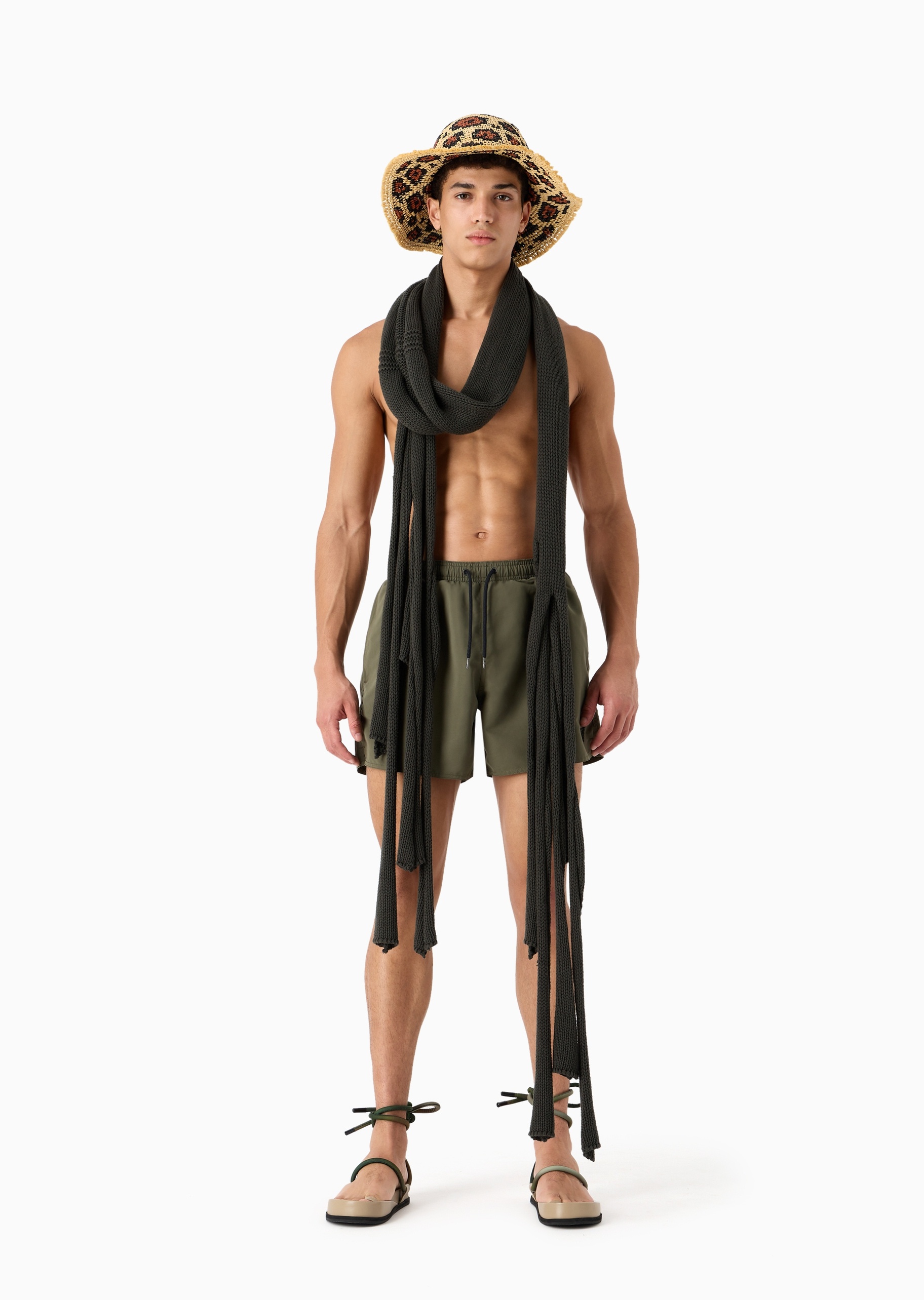 Emporio Armani 男士合身系带腰短款时尚休闲沙滩裤