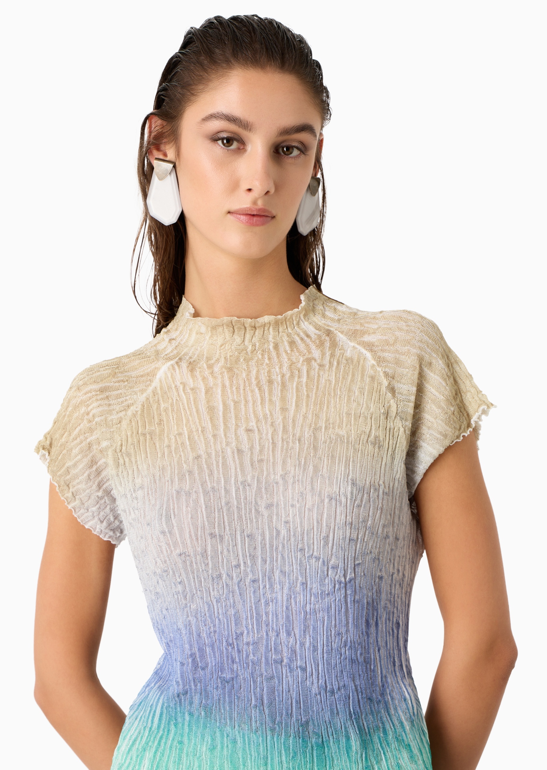 Giorgio Armani 女士合身小高领插肩通体褶皱印花针织T恤