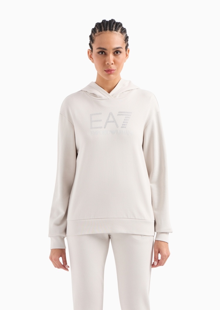 EA7 女士全棉合身连帽落肩水钻徽标健身训练卫衣