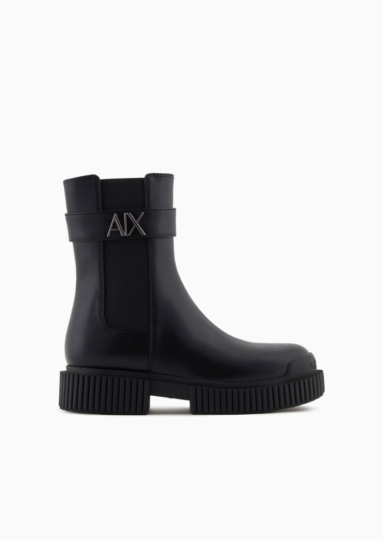 ARMANI EXCHANGE 女士拉链短筒圆头厚底金属徽标靴子