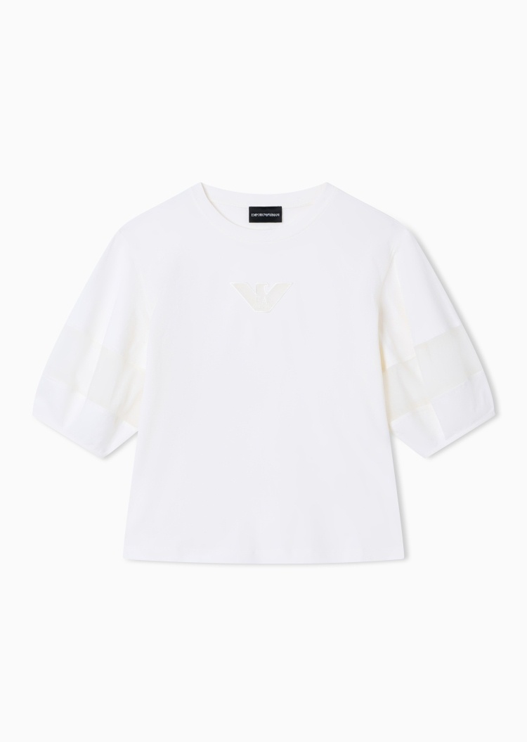 Emporio Armani 女士五分袖圆领网纱拼接休闲T恤