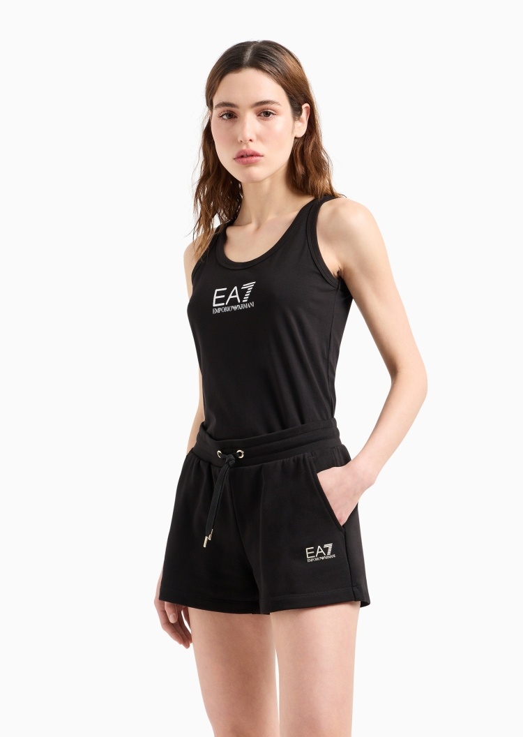 EA7 女士全棉合身系带腰印花健身训练短裤