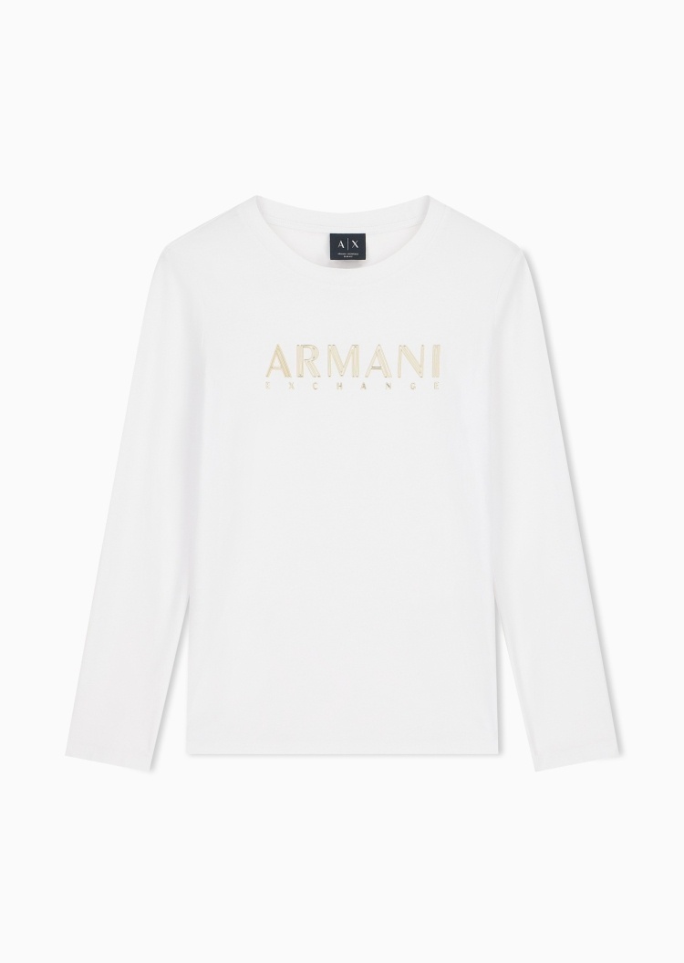 ARMANI EXCHANGE 女士纯棉修身长袖圆领镂空字母标识T恤