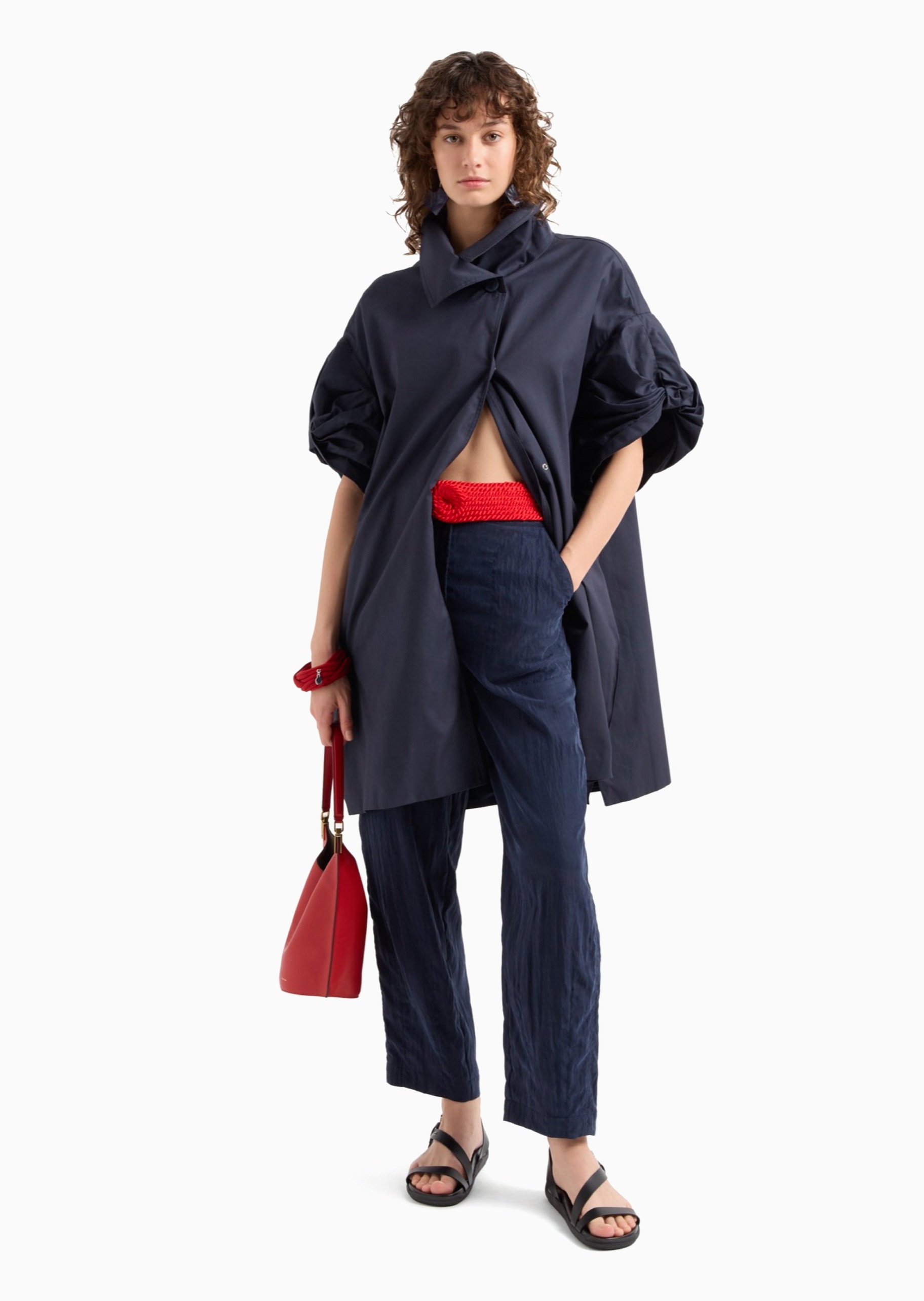 Emporio Armani 女士宽松长款直筒褶皱感纯色休闲裤