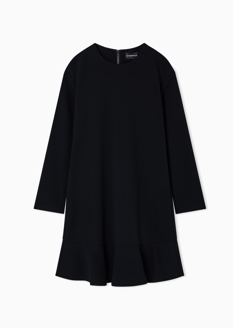 Emporio Armani 女士弹力长袖圆领荷叶边纯色连衣裙