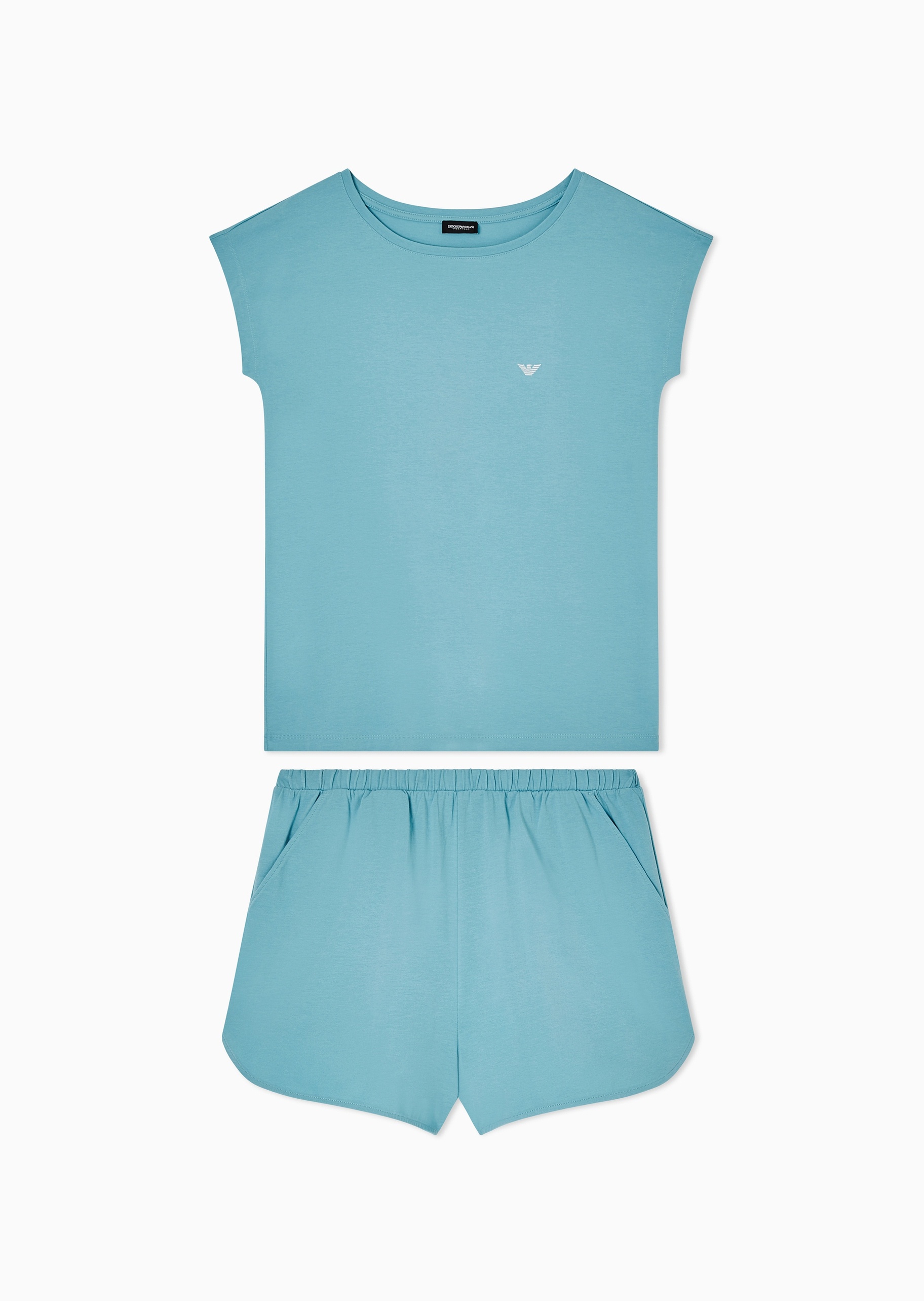 Emporio Armani 女士纯棉弹力圆领短袖T恤短裤刺绣睡衣套装