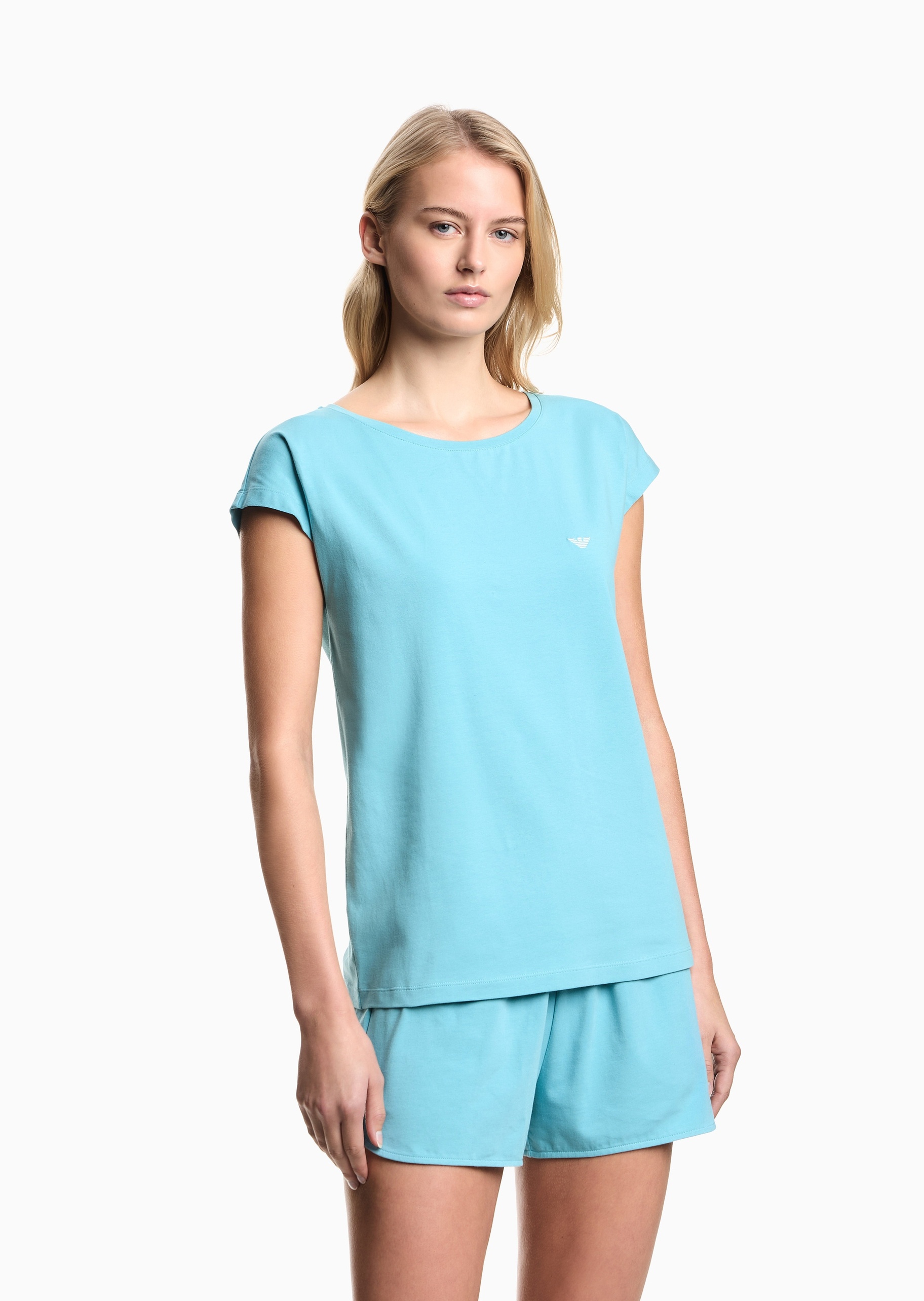 Emporio Armani 女士纯棉弹力圆领短袖T恤短裤刺绣睡衣套装