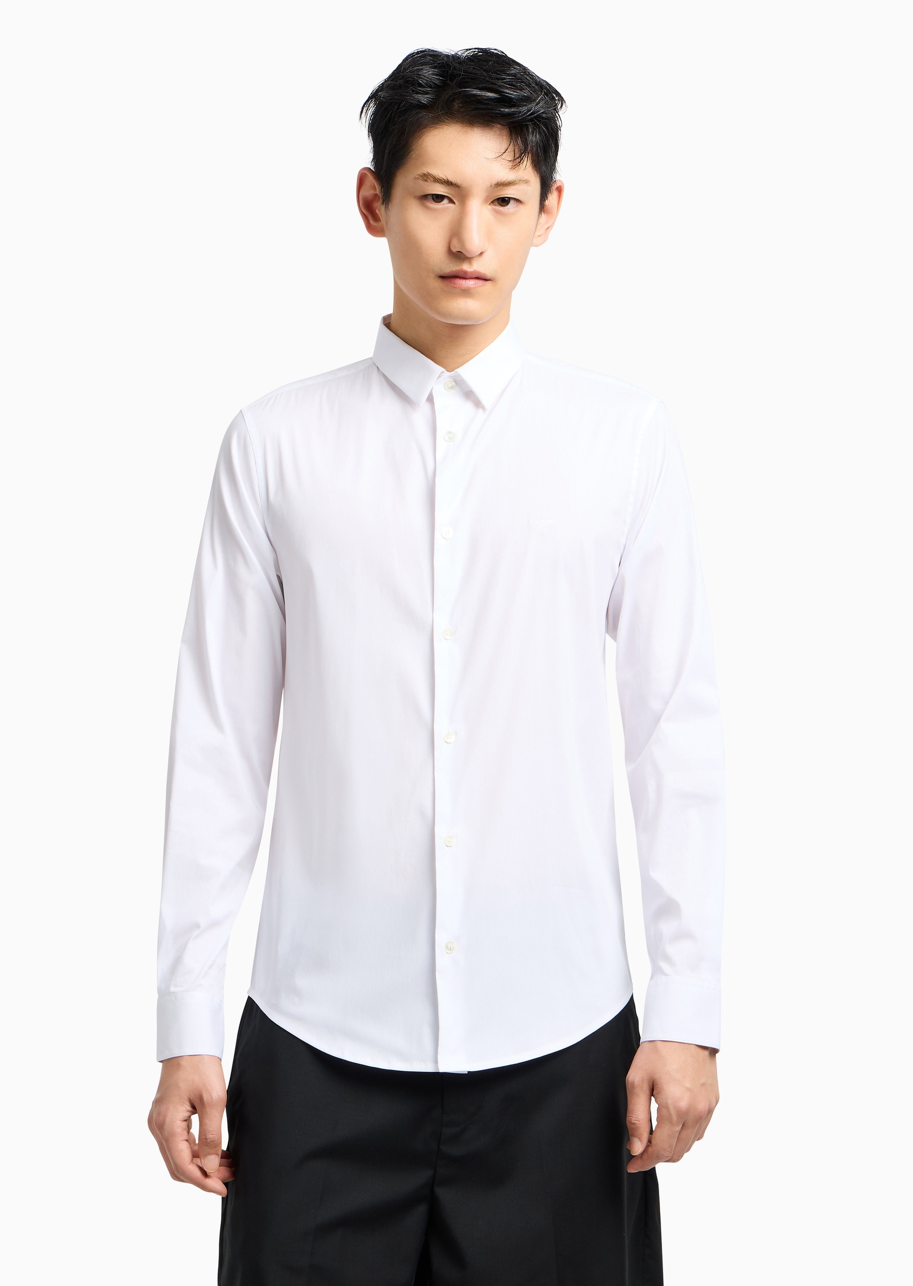 Emporio Armani 男士棉质微弹修身长袖翻领纯色衬衫
