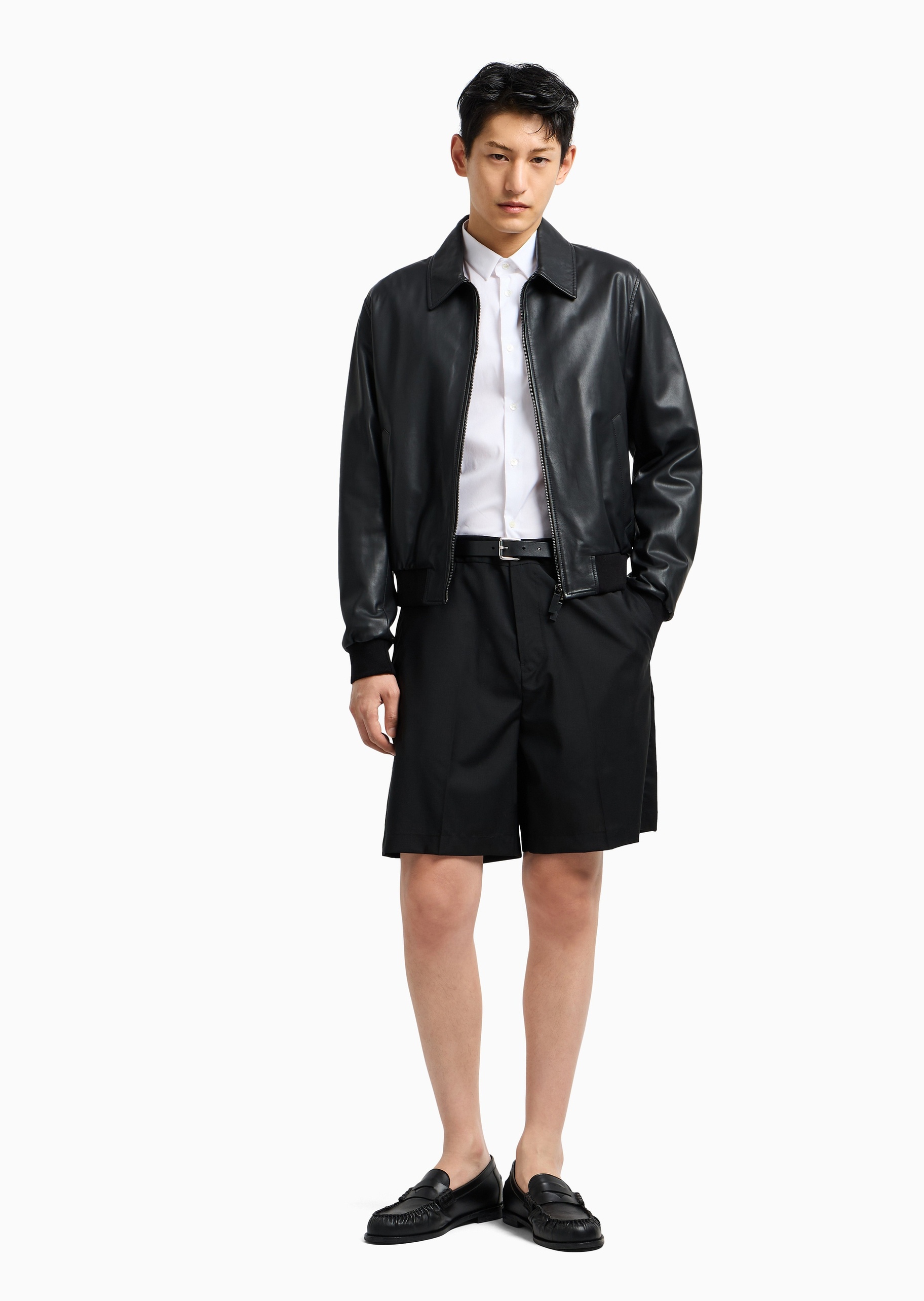 Emporio Armani 男士棉质微弹修身长袖翻领纯色衬衫