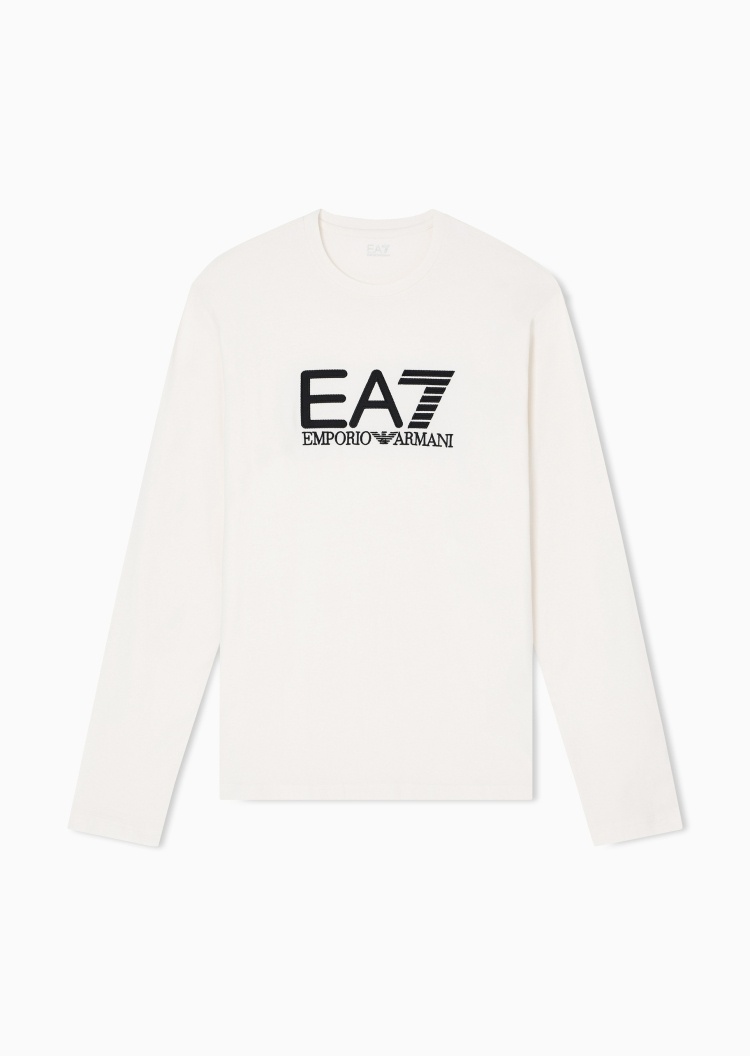 EA7 男士纯棉弹力合身长袖圆领撞色标识T恤