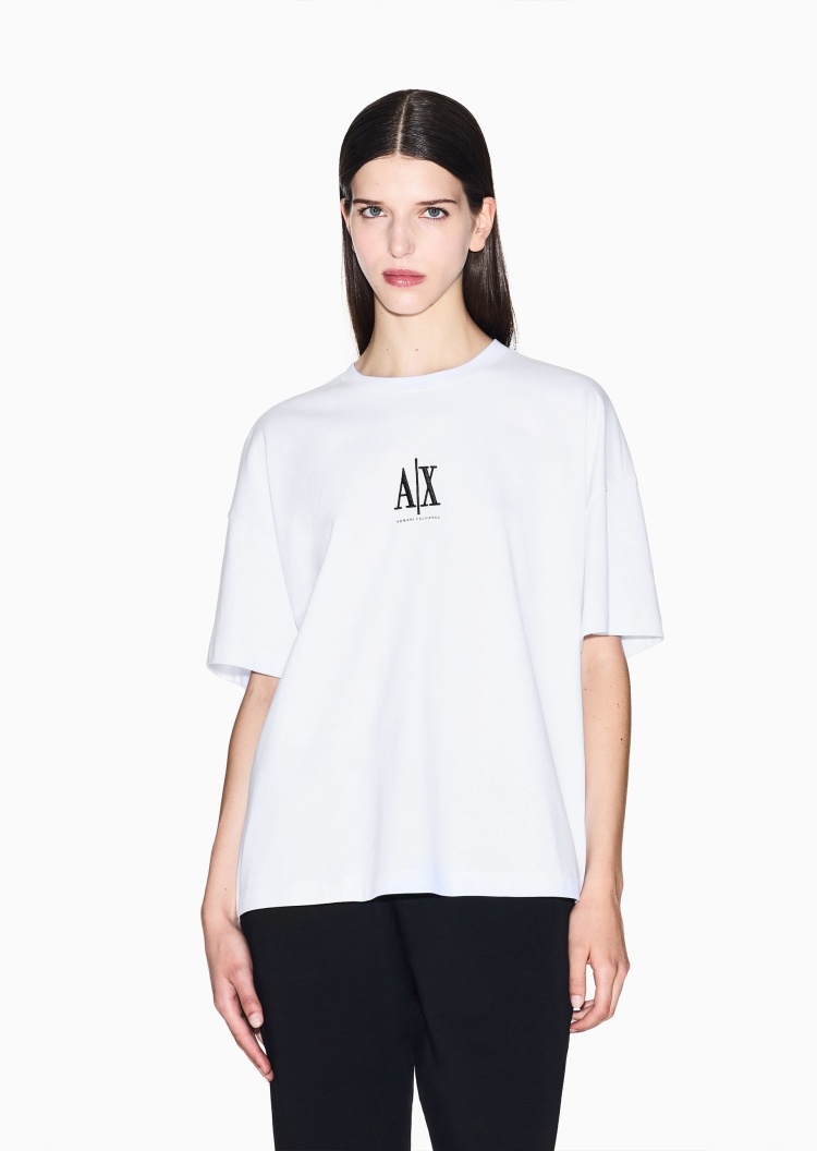 ARMANI EXCHANGE 女士纯棉宽松短袖圆领落肩标识刺绣T恤