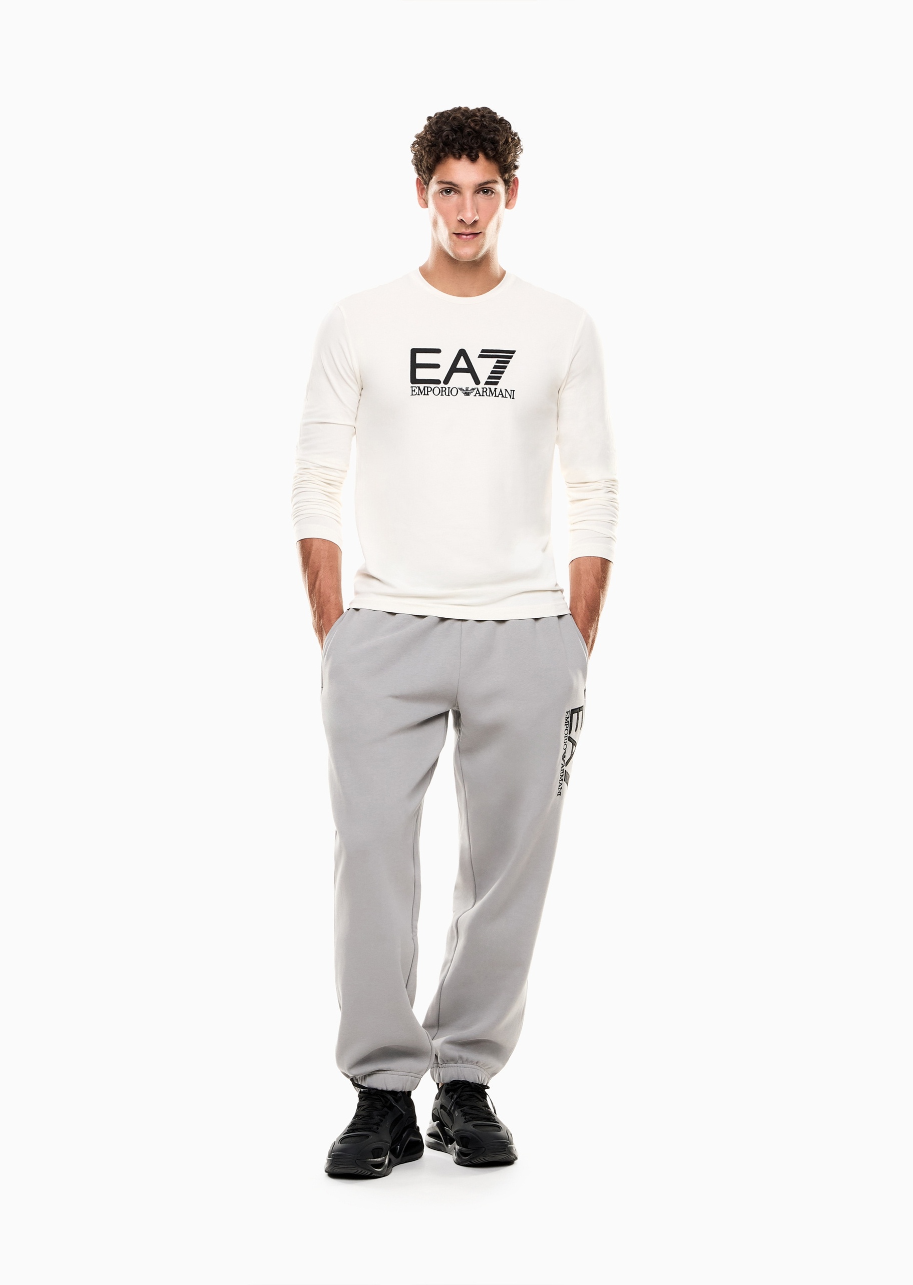 EA7 男士纯棉弹力合身长袖圆领撞色标识T恤