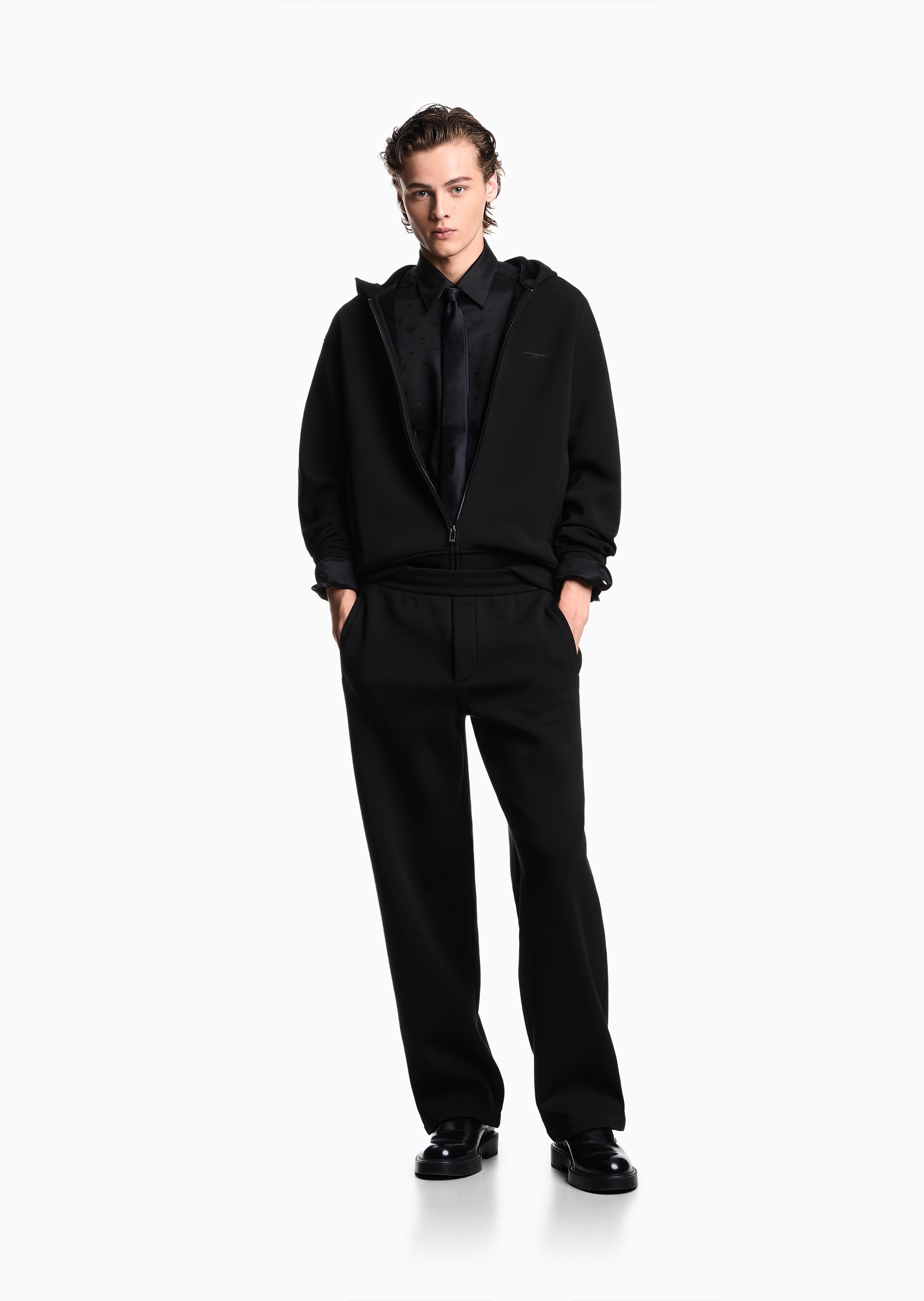 Emporio Armani 男士莱赛尔长袖翻领通体鹰标老花衬衫