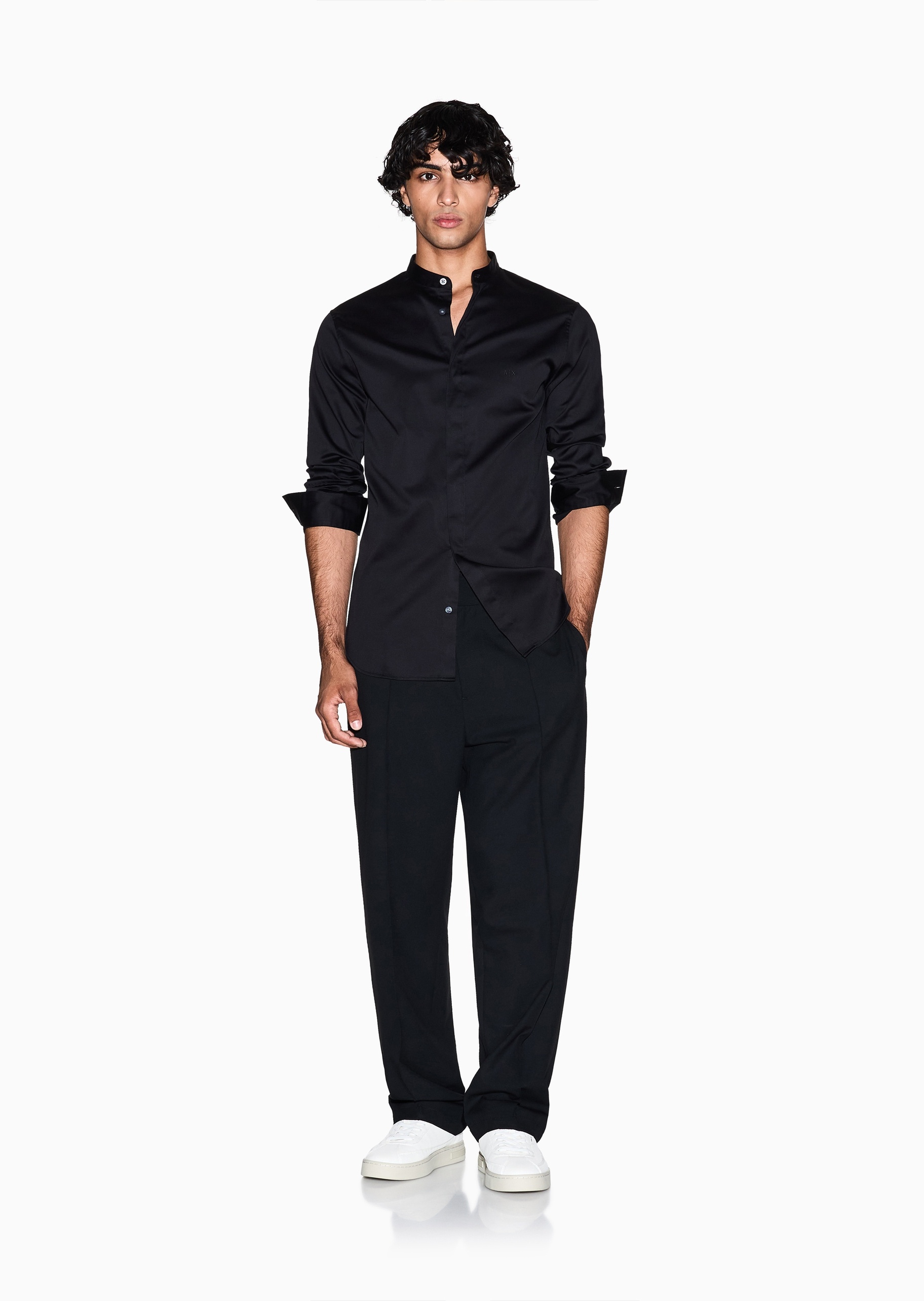 ARMANI EXCHANGE 男士纯棉微弹长袖小立领纯色衬衫
