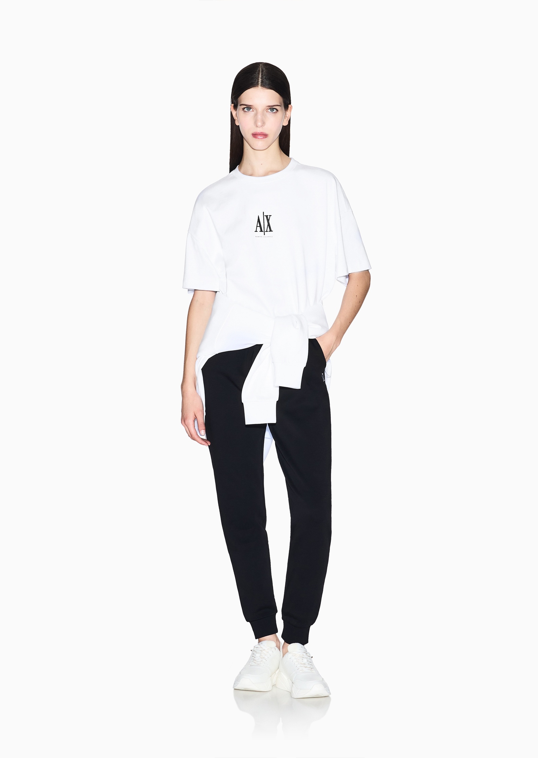 ARMANI EXCHANGE 女士纯棉宽松短袖圆领落肩标识刺绣T恤