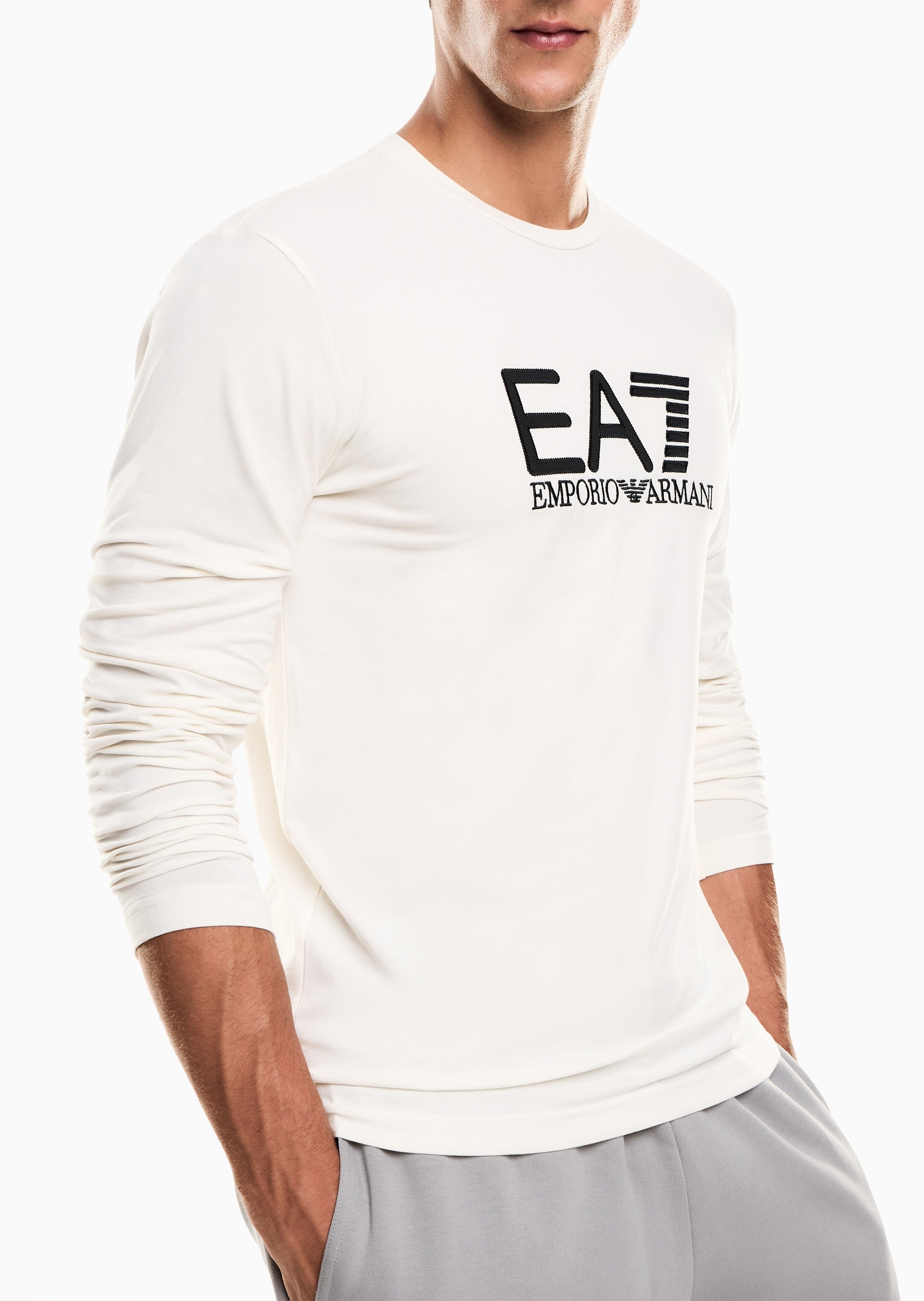 EA7 男士纯棉弹力合身长袖圆领撞色标识T恤