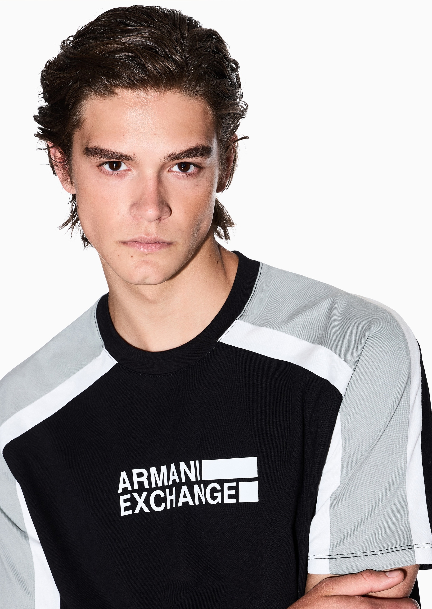 ARMANI EXCHANGE 男士纯棉合身短袖圆领撞色针织T恤