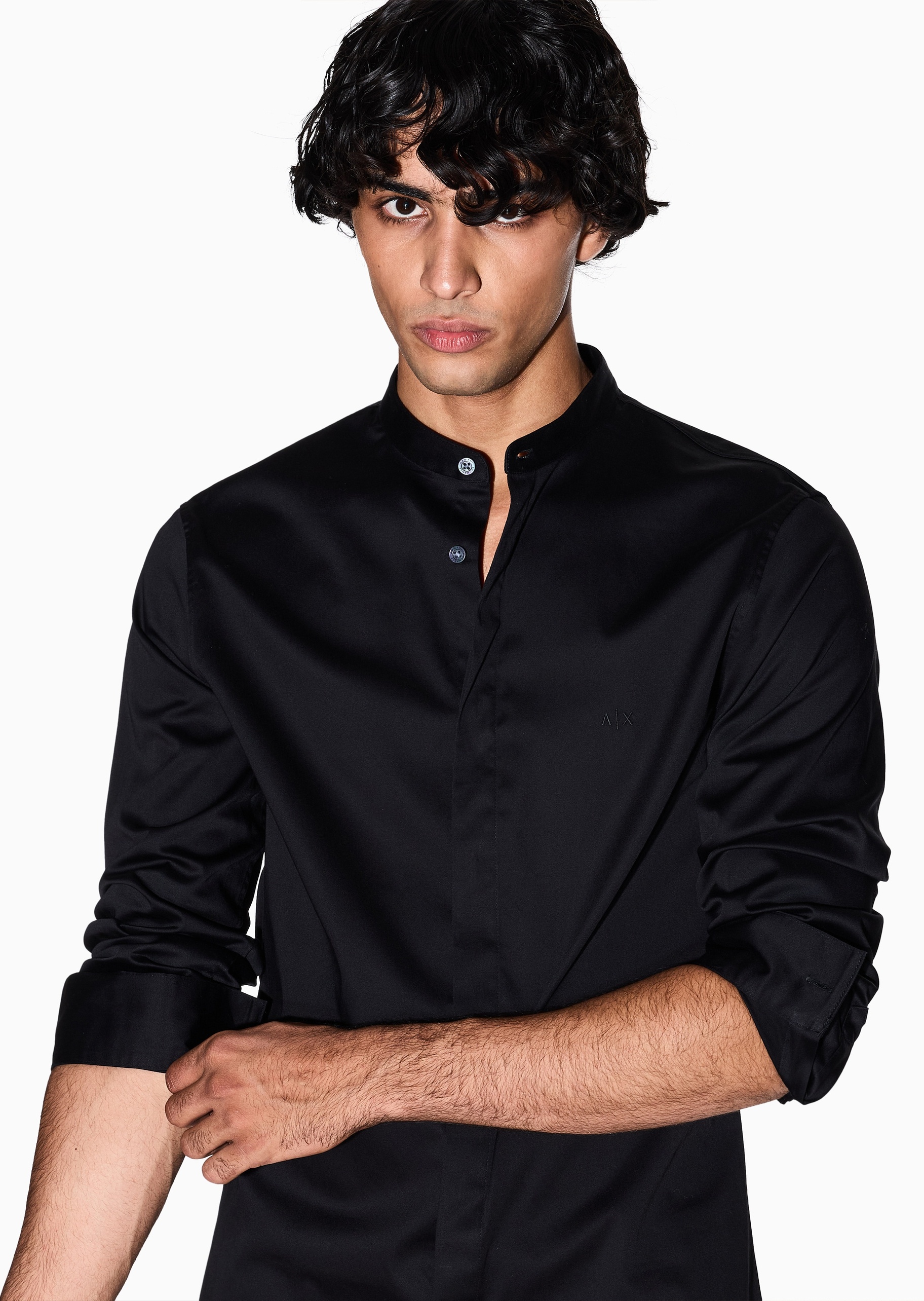 ARMANI EXCHANGE 男士纯棉微弹长袖小立领纯色衬衫