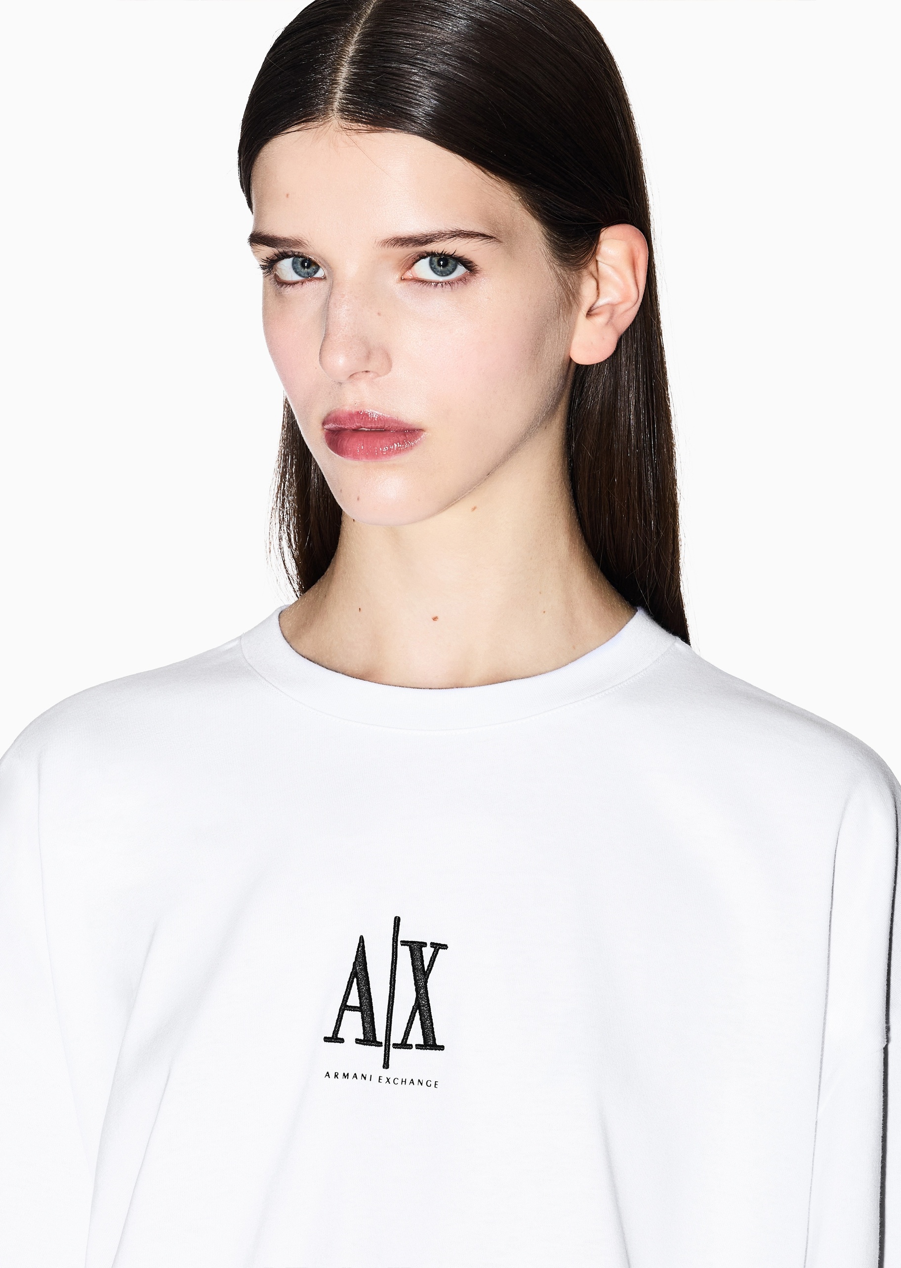 ARMANI EXCHANGE 女士纯棉宽松短袖圆领落肩标识刺绣T恤