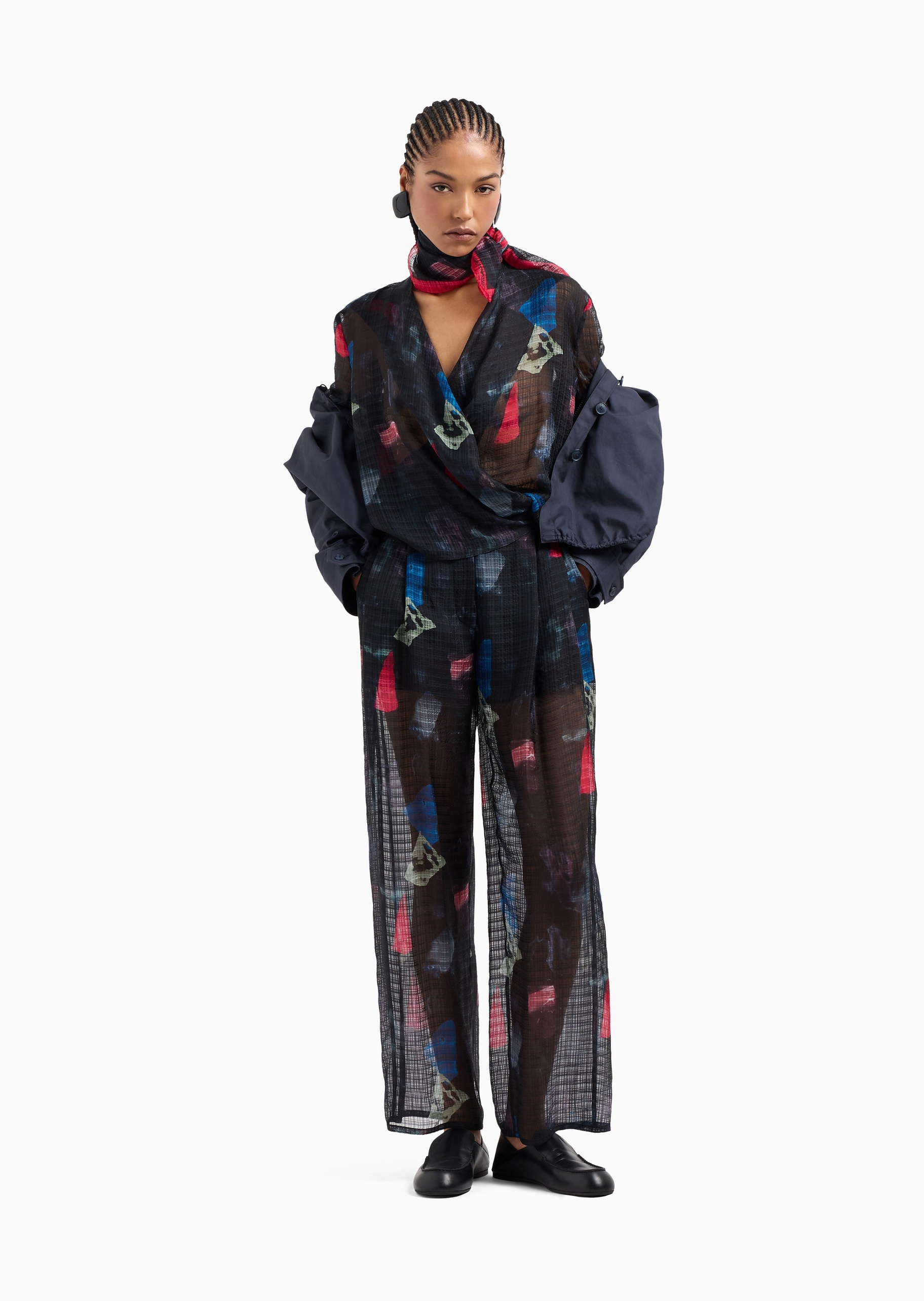 Emporio Armani 女士薄纱宽松高腰长款直筒秀场同款休闲裤