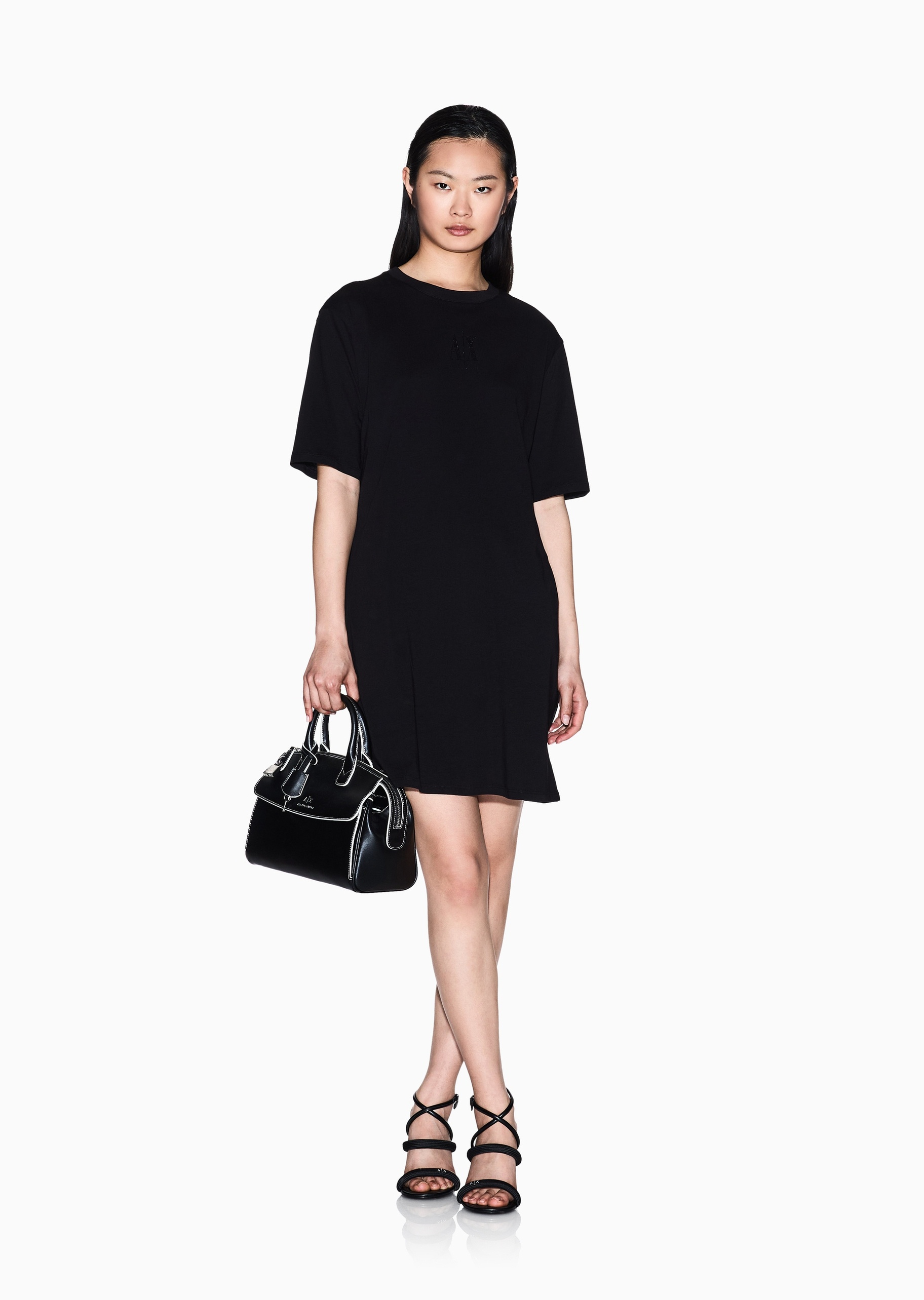 ARMANI EXCHANGE 女士全棉短袖直筒水钻徽标连衣裙