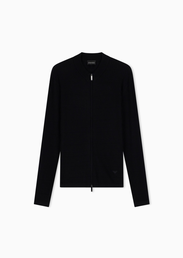 Emporio Armani 男士长袖立领坑条纹理老钱风针织开衫