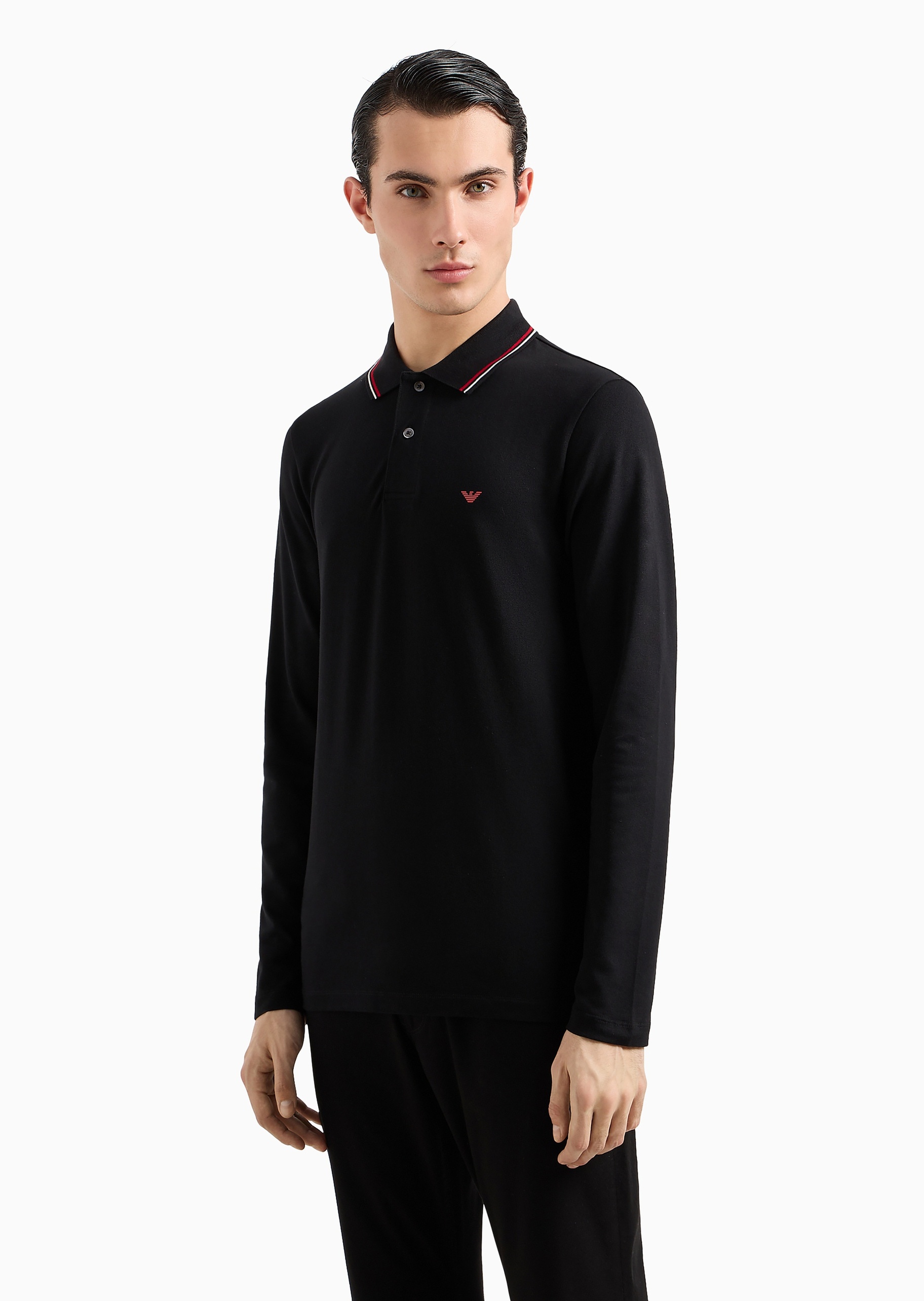 Emporio Armani 男士纯棉微弹修身长袖翻领多色Polo衫