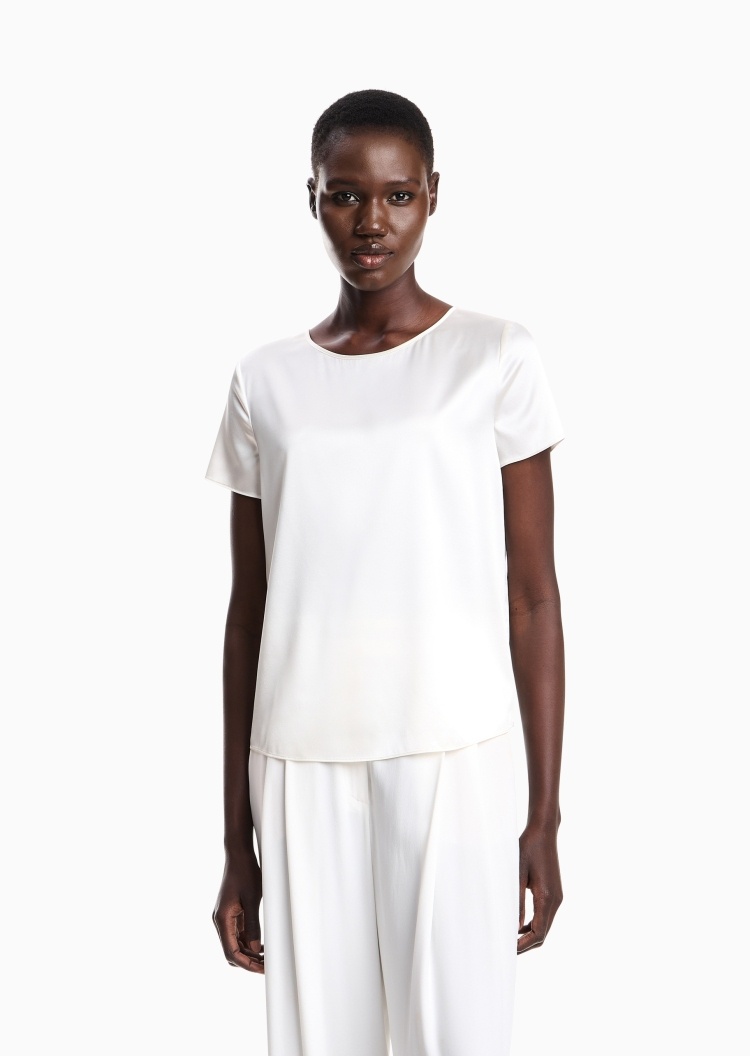 Emporio Armani 女士桑蚕丝合身短袖圆领纯色上衣