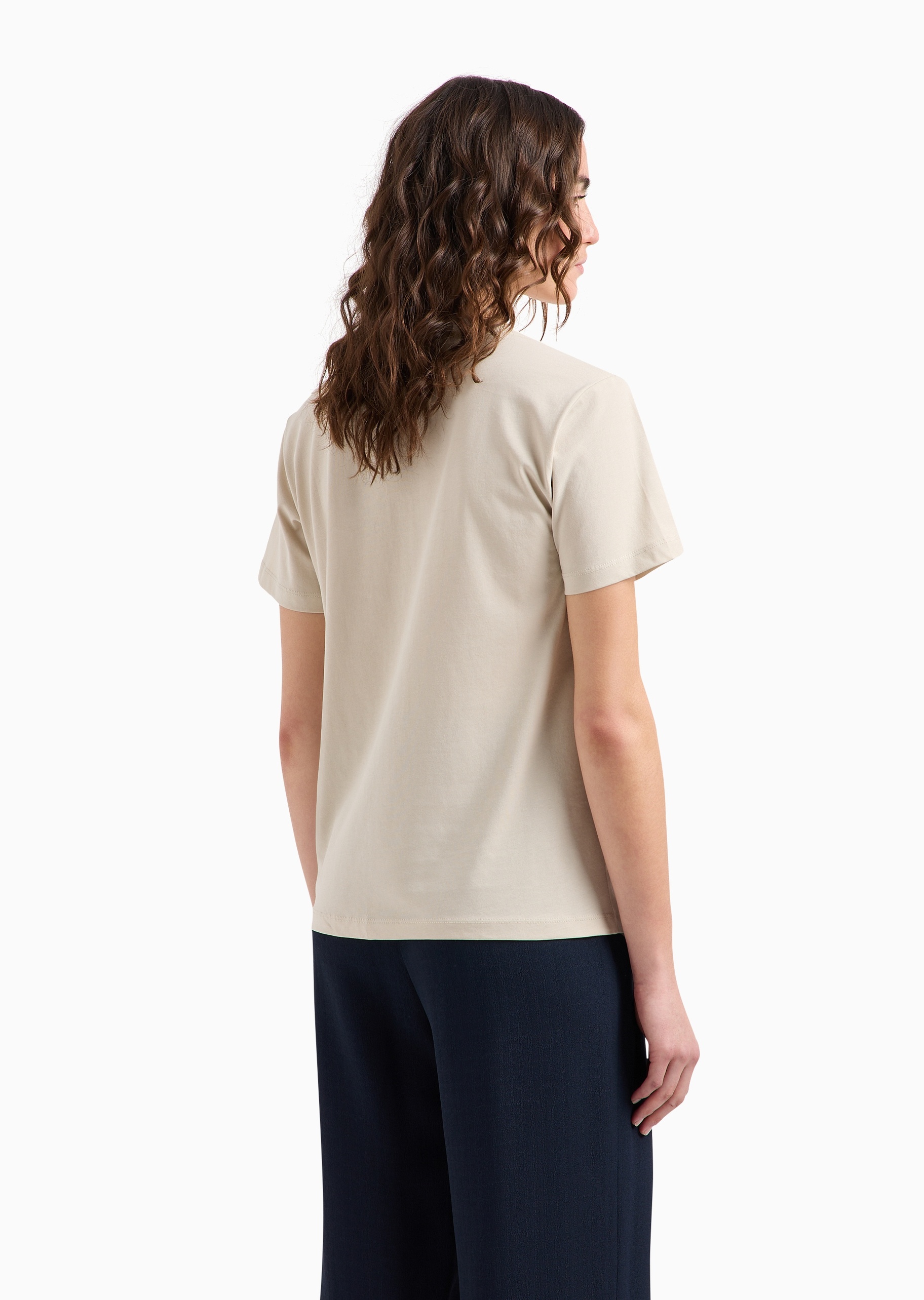 Emporio Armani 女士全棉合身短袖圆领LOGO贴标重磅T恤