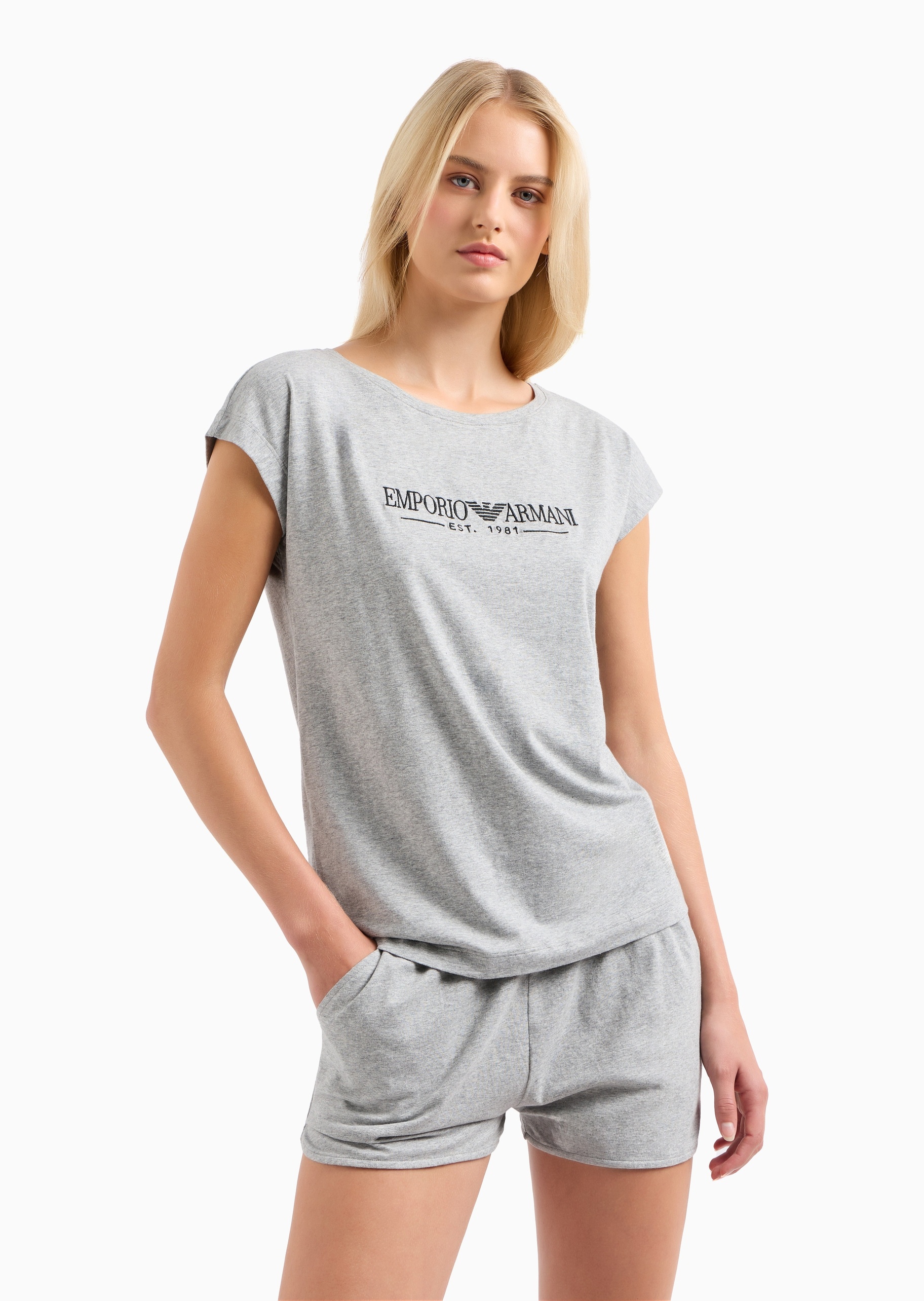 Emporio Armani 女士纯棉弹力圆领短袖T恤短裤睡衣套装