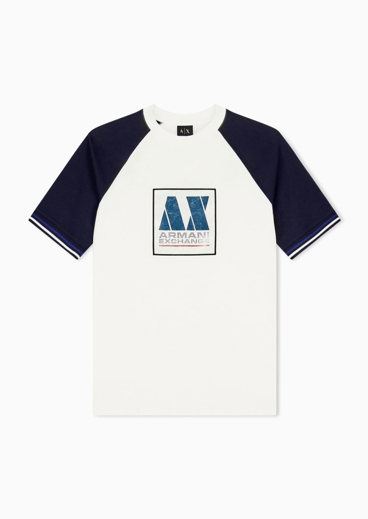 ARMANI EXCHANGE 男士纯棉合身短袖圆领插肩撞色拼接印花T恤