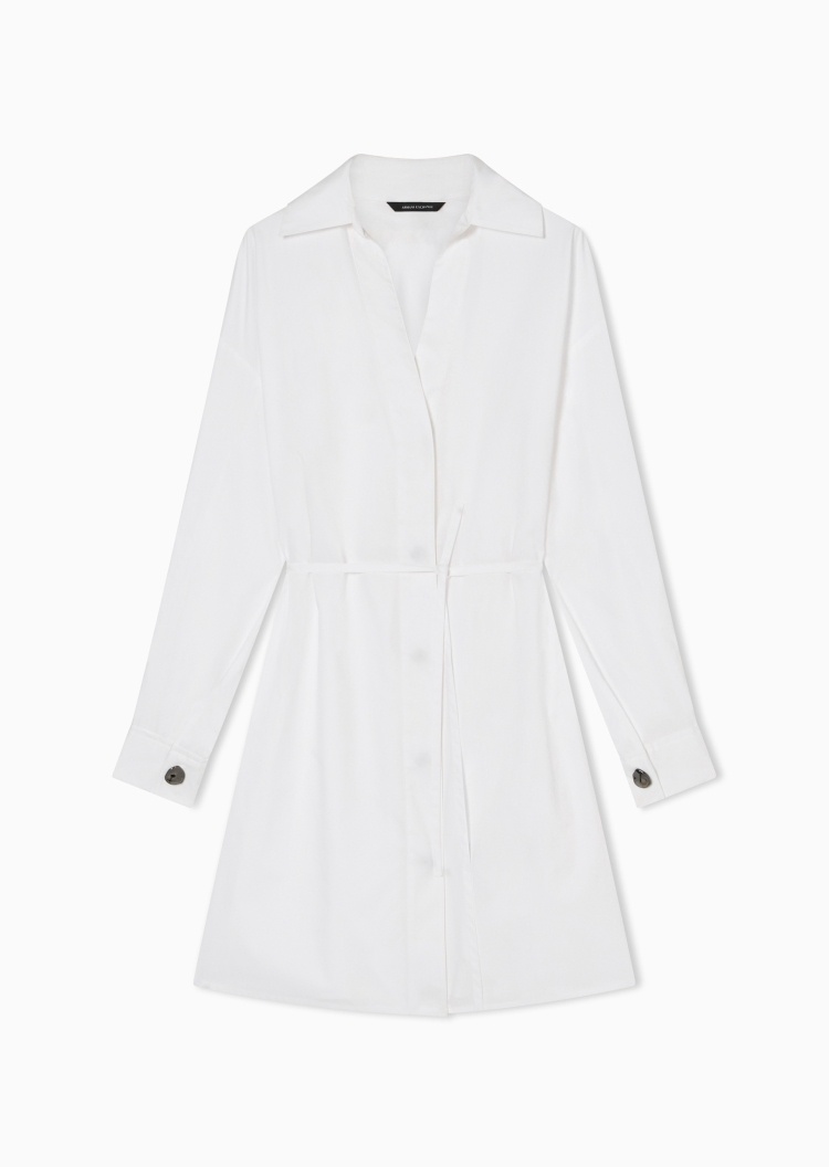 ARMANI EXCHANGE 女士纯棉长袖翻领收腰纯色连衣裙