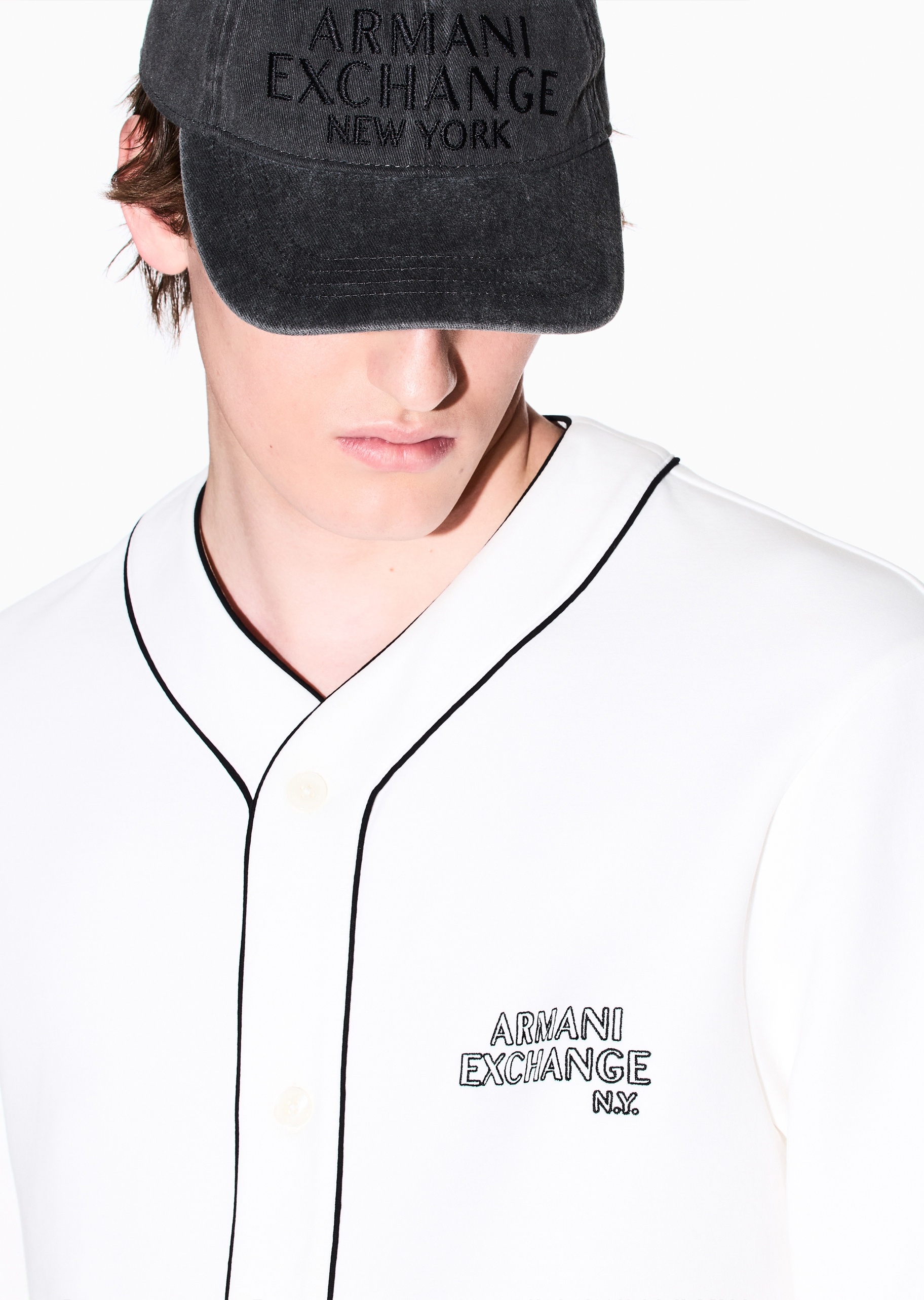 ARMANI EXCHANGE 男士纯棉魔术贴圆顶弯檐刺绣棒球帽