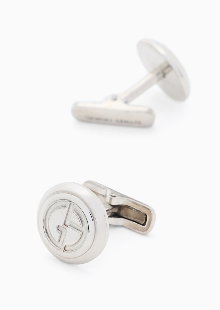 Giorgio Armani 男士银质素色圆形Logo镌刻袖扣礼物
