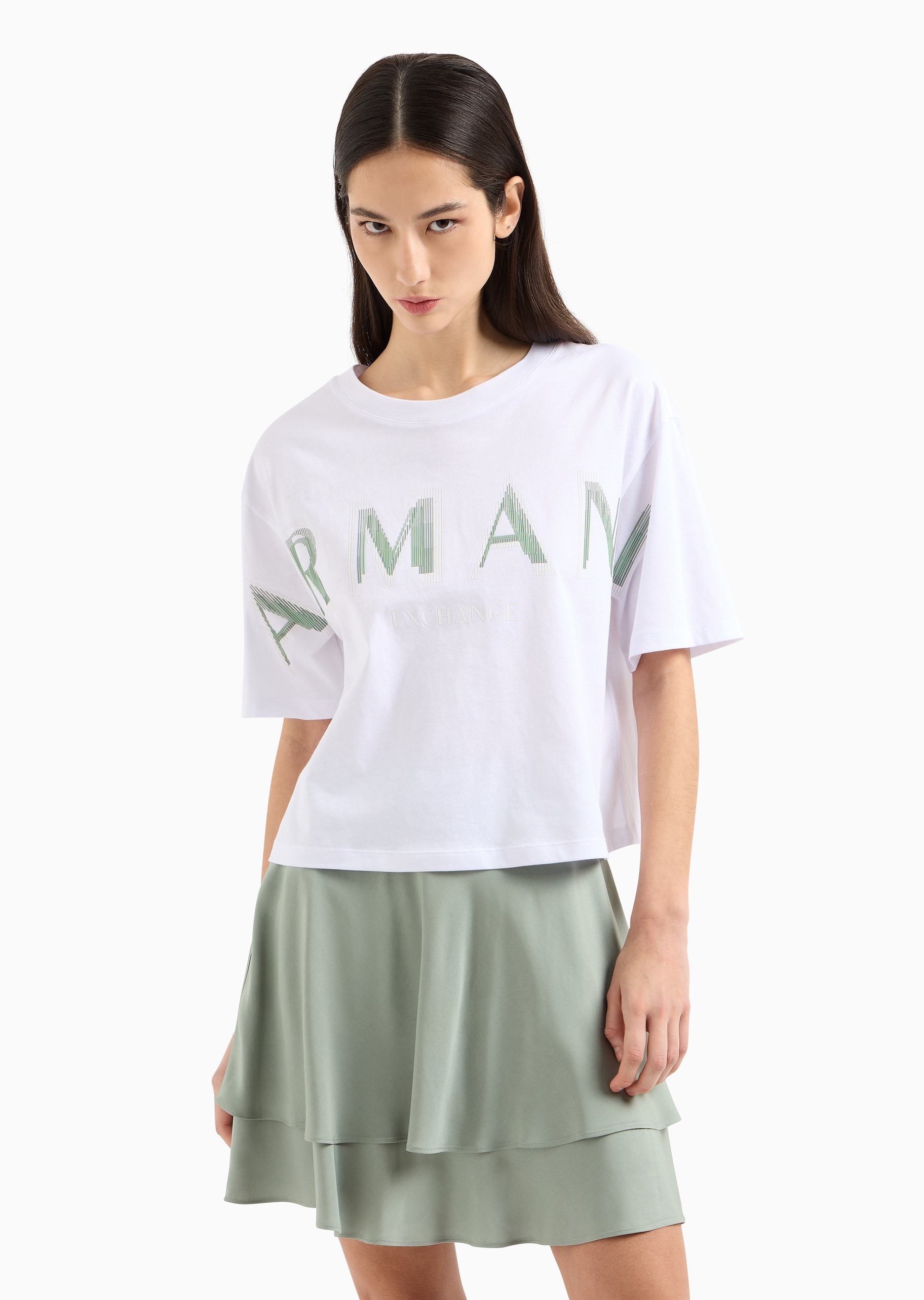 ARMANI EXCHANGE 女士全棉宽松短袖短款圆领撞色印花T恤