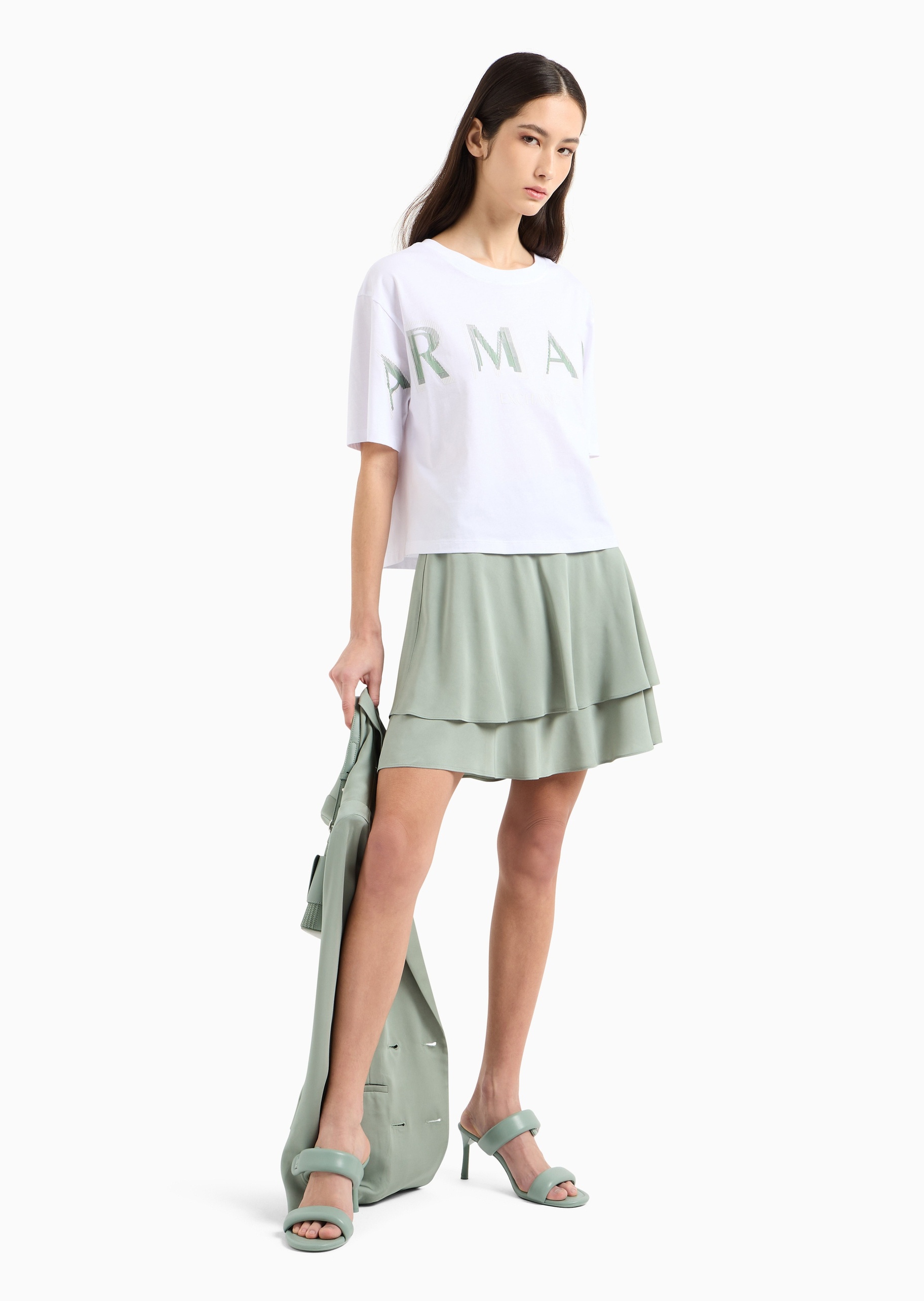ARMANI EXCHANGE 女士全棉宽松短袖短款圆领撞色印花T恤