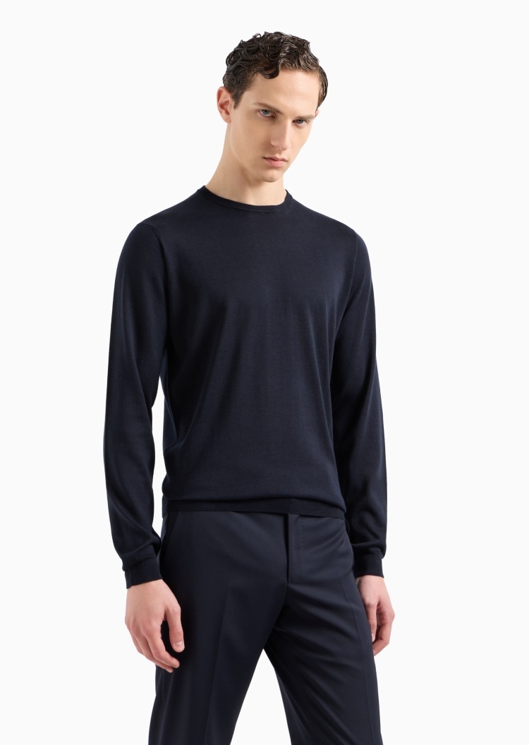 Giorgio Armani 男士桑蚕丝合身长袖圆领休闲纯色针织衫