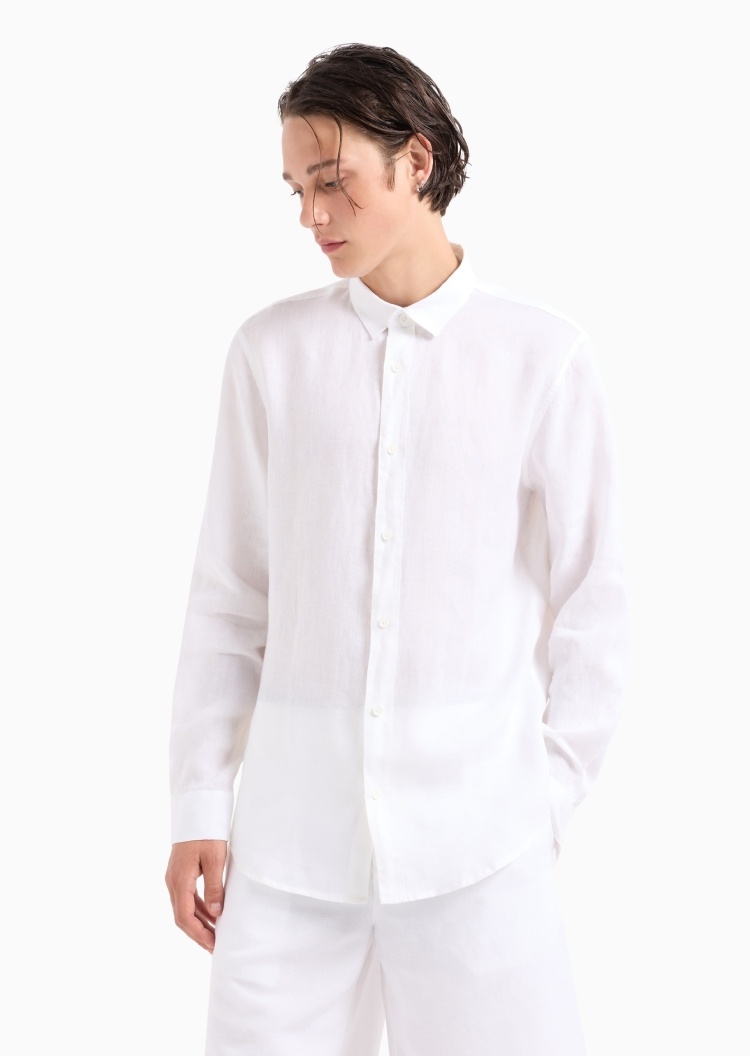 ARMANI EXCHANGE 男士亚麻合身长袖翻领纯色商务休闲衬衫