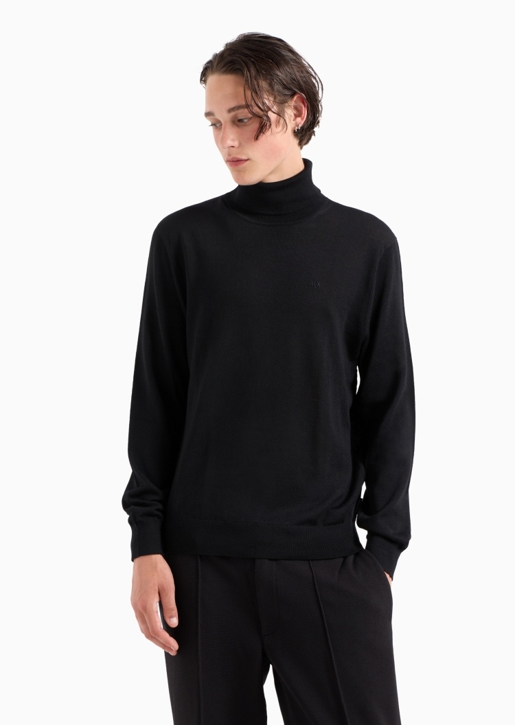 ARMANI EXCHANGE 男士全绵羊毛合身长袖高领落肩套头毛衣