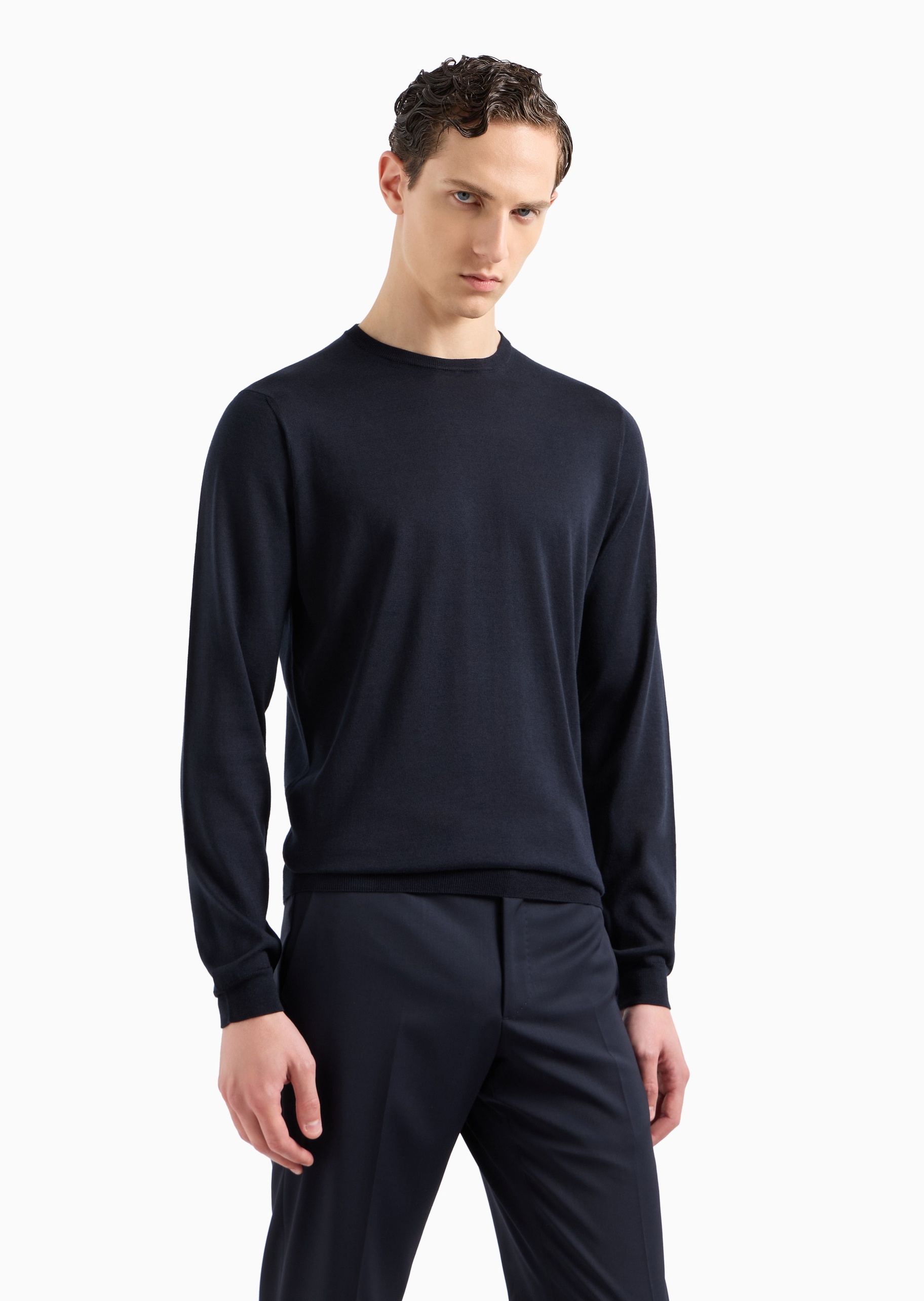 Giorgio Armani 男士桑蚕丝合身长袖圆领休闲纯色针织衫