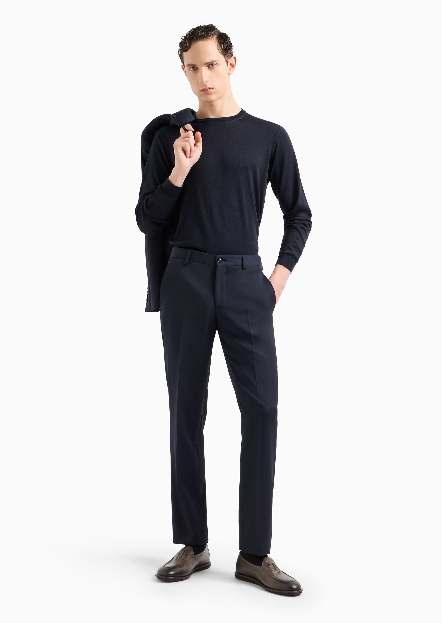 Giorgio Armani 男士桑蚕丝合身长袖圆领休闲纯色针织衫