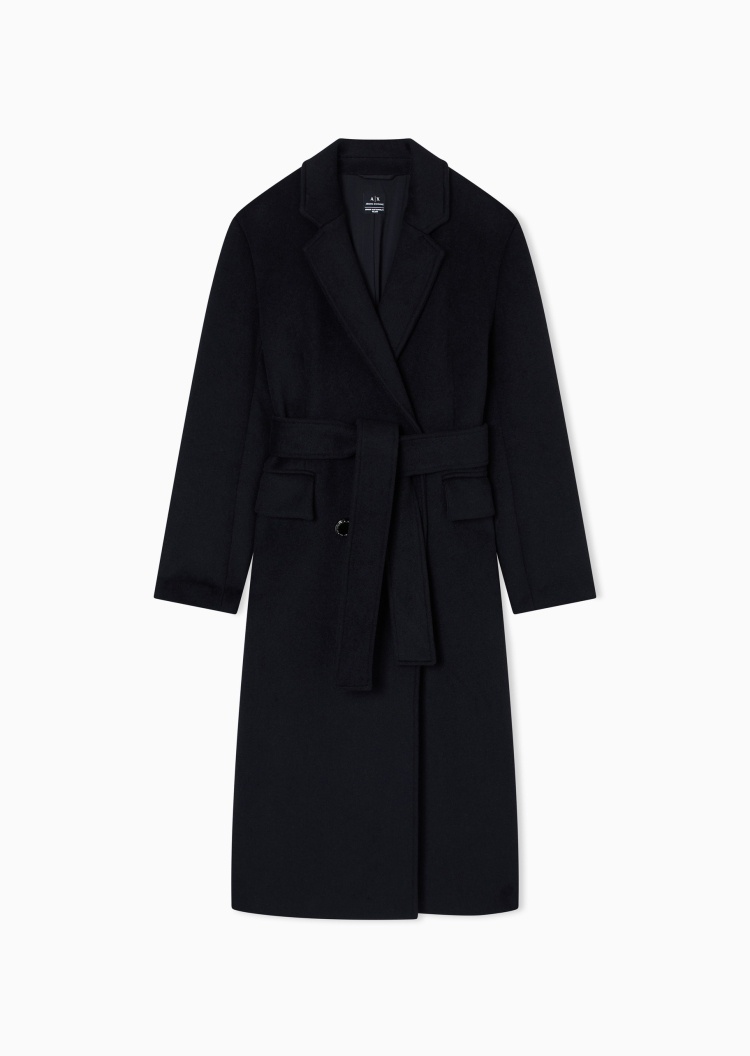 ARMANI EXCHANGE 女士绵羊毛长袖长款戗驳领配腰带大衣