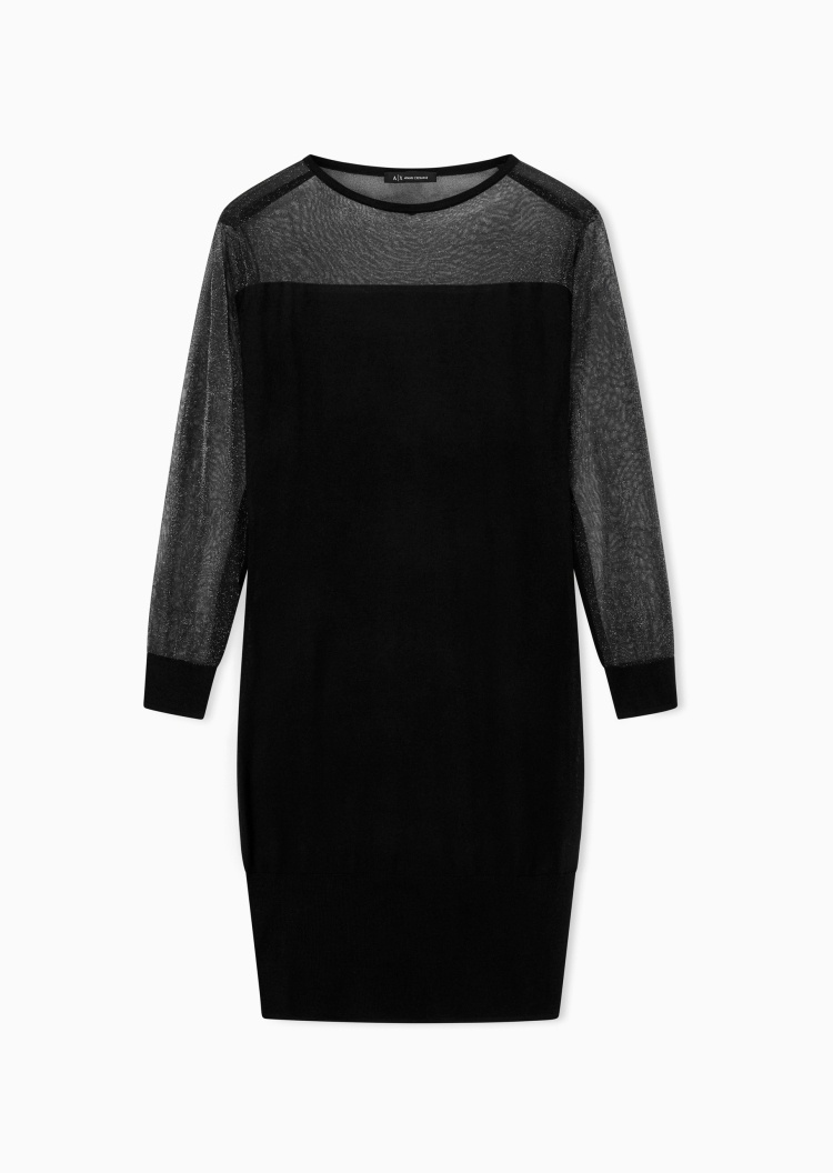 ARMANI EXCHANGE 女士短款圆领网纱拼接时尚连衣裙