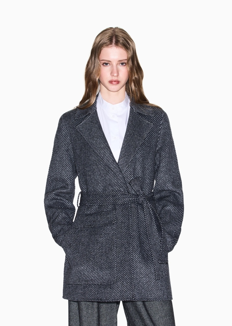 ARMANI EXCHANGE 女士绵羊毛长袖平驳领配腰带短大衣