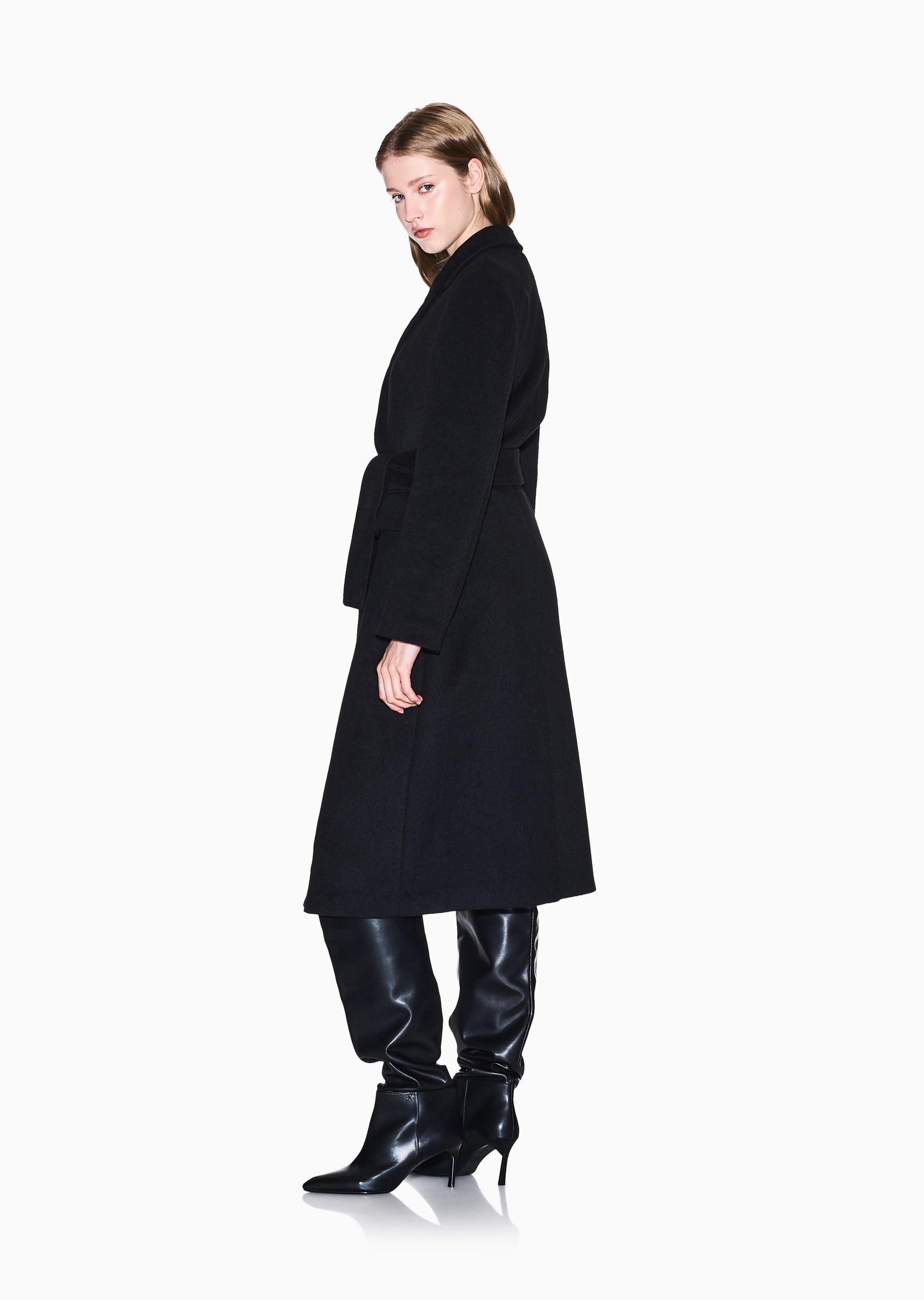 ARMANI EXCHANGE 女士绵羊毛长袖长款戗驳领配腰带大衣