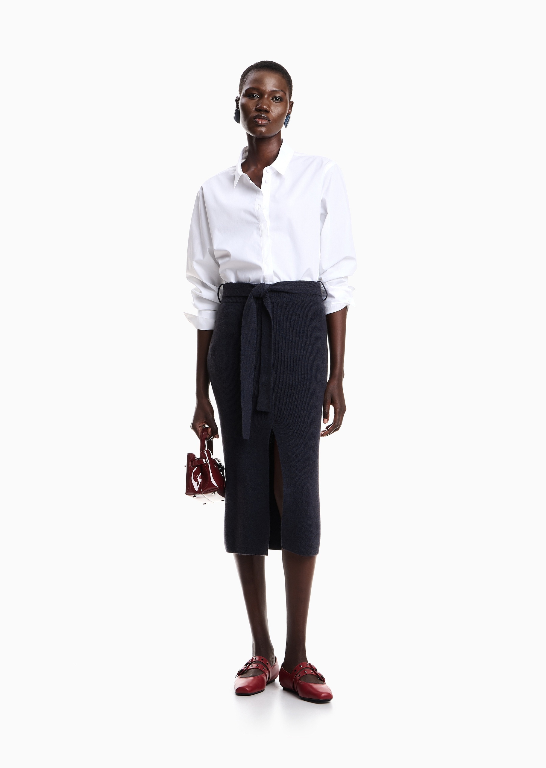 Emporio Armani 女士绵羊毛中长款纯色配腰带半身裙